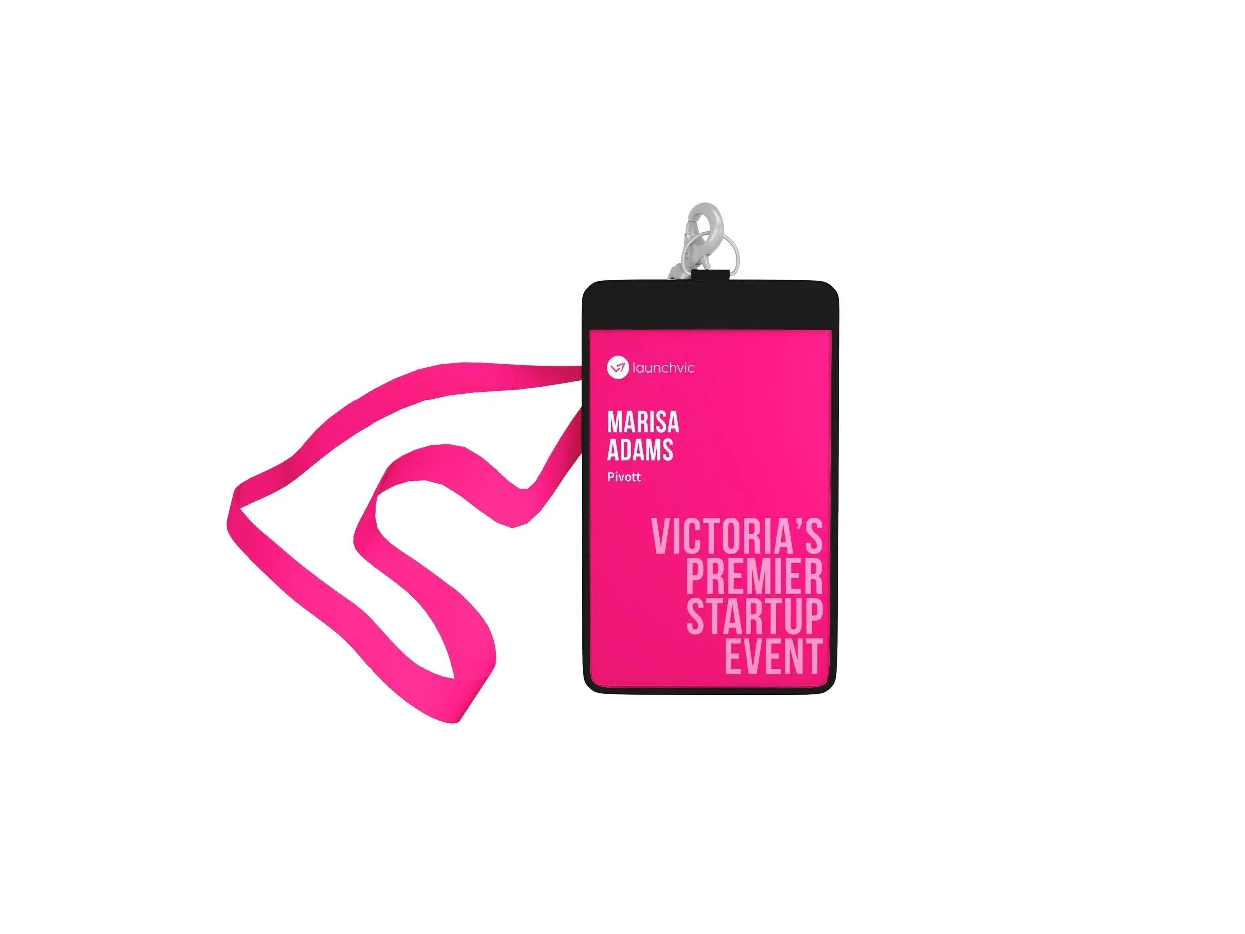 Pink identification card, featuring name, logo and event details, attached to a pink lanyard, with a white background.
