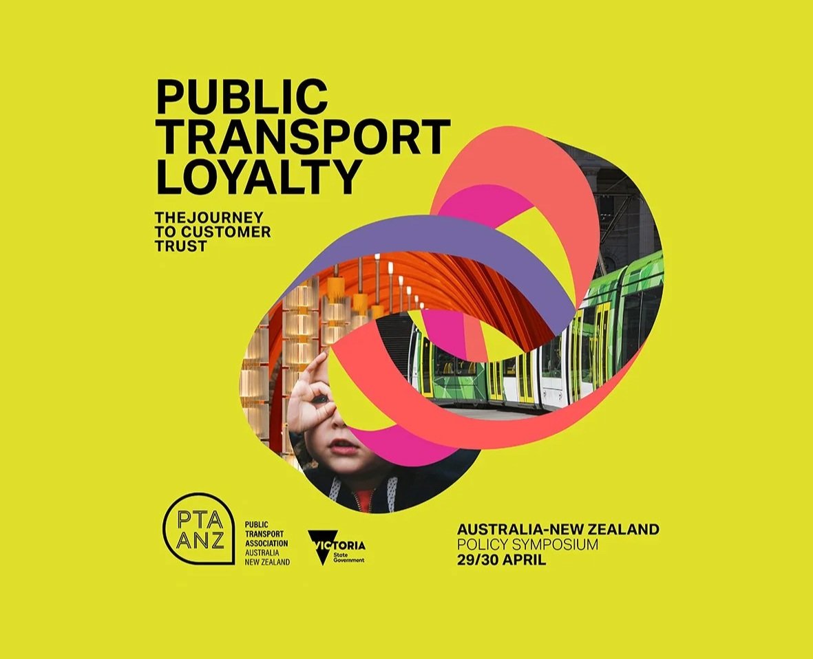 Bright yellow background with bold black text reading "Public Transport Loyalty" and smaller text "The Journey to Customer Trust." Overlapping colorful shapes include images of a child looking through a telescope, a modern train, and an interior with