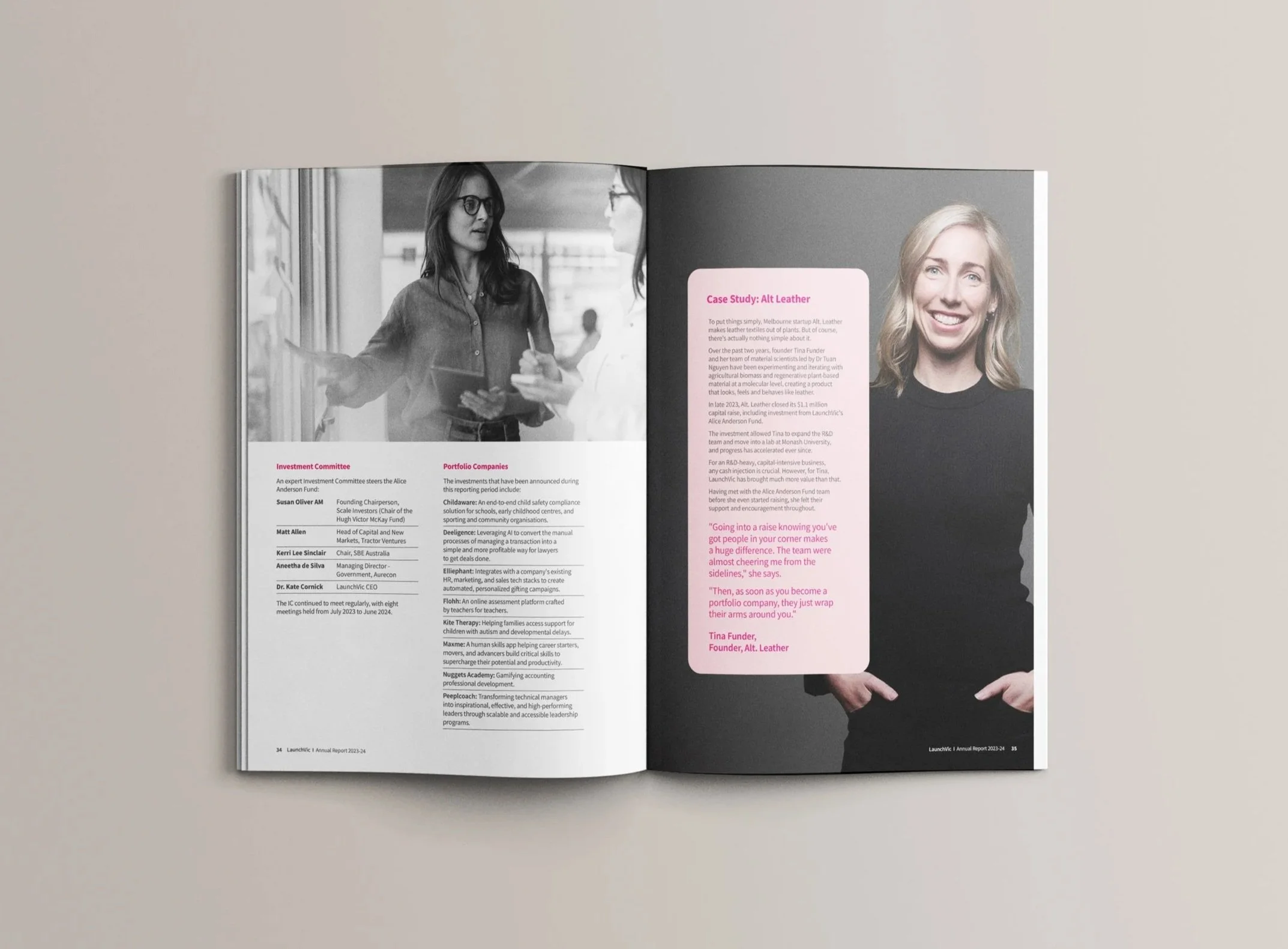 An open magazine showing a black and white photograph of two women engaged in a conversation on the left page, and on the right page a color photograph of a smiling woman with blonde hair. There are sections of text, including a highlighted pink box 