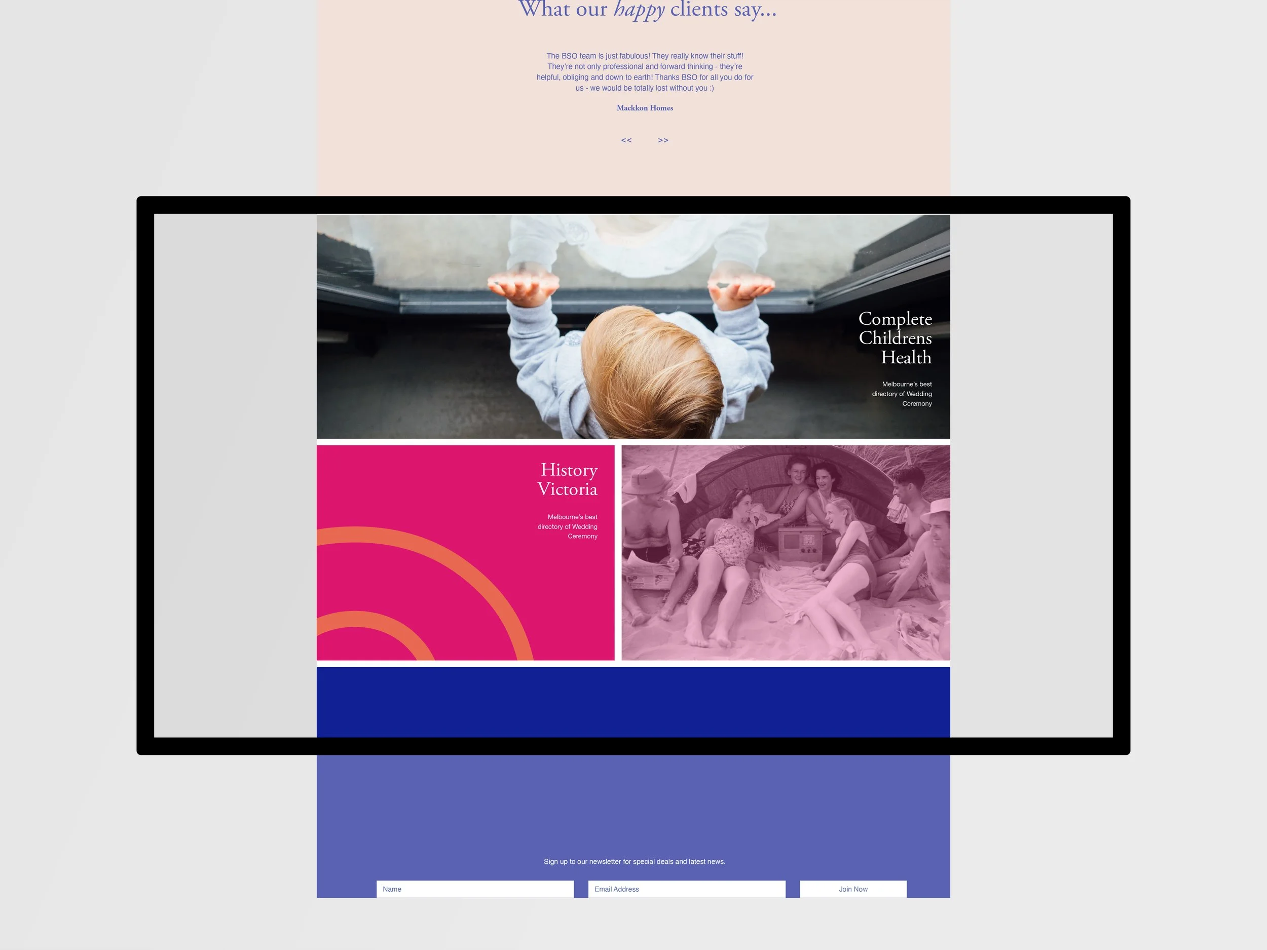 A website layout featuring a section titled 'What our happy clients say...' with a testimonial about the BSO team, followed by images including a child reaching toward glass, a group of young people at a party, and a newsletter sign-up form at the bo