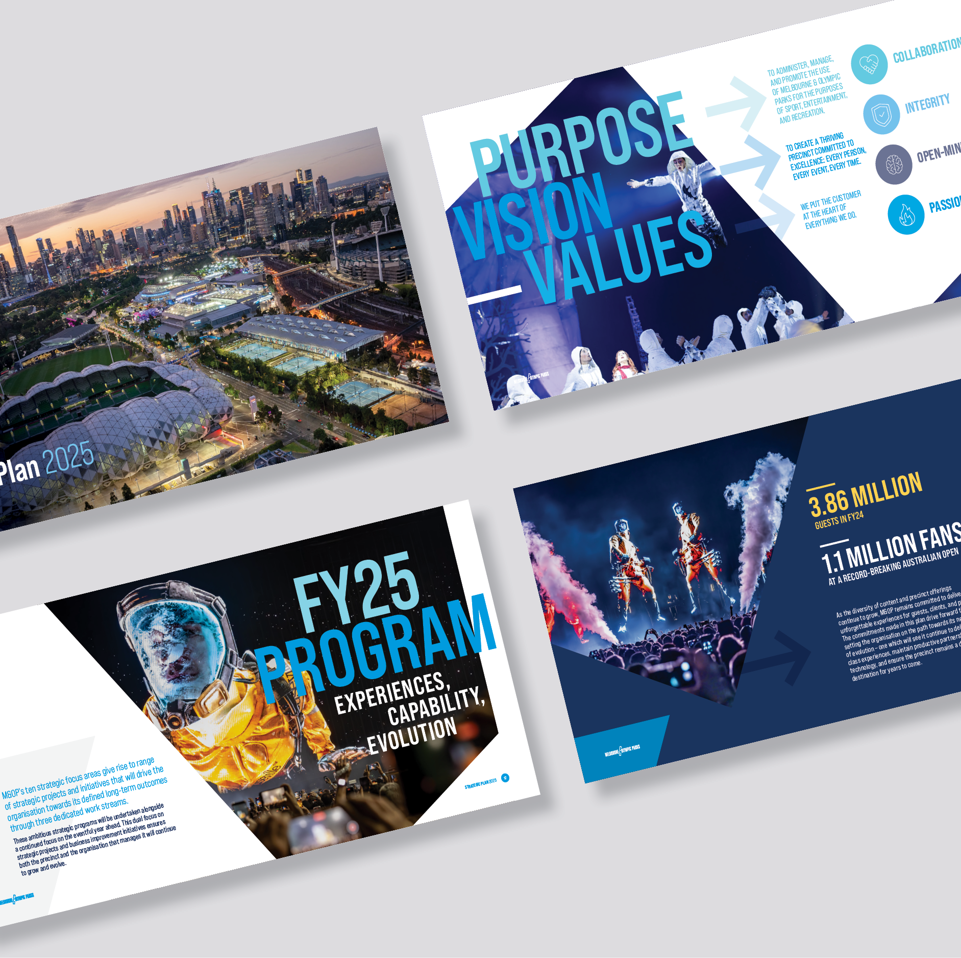 A set of brochures or posters related to Melbourne Park's 2025 strategic plan, featuring cityscape images, event performances, and text about purpose, values, and future planning.