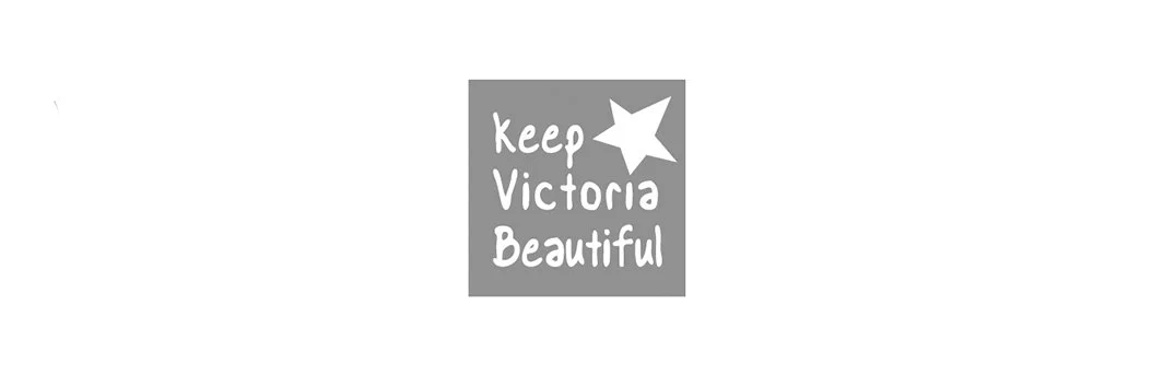 A gray square with white text that says 'Keep Victoria Beautiful' and a white star at the top right corner.