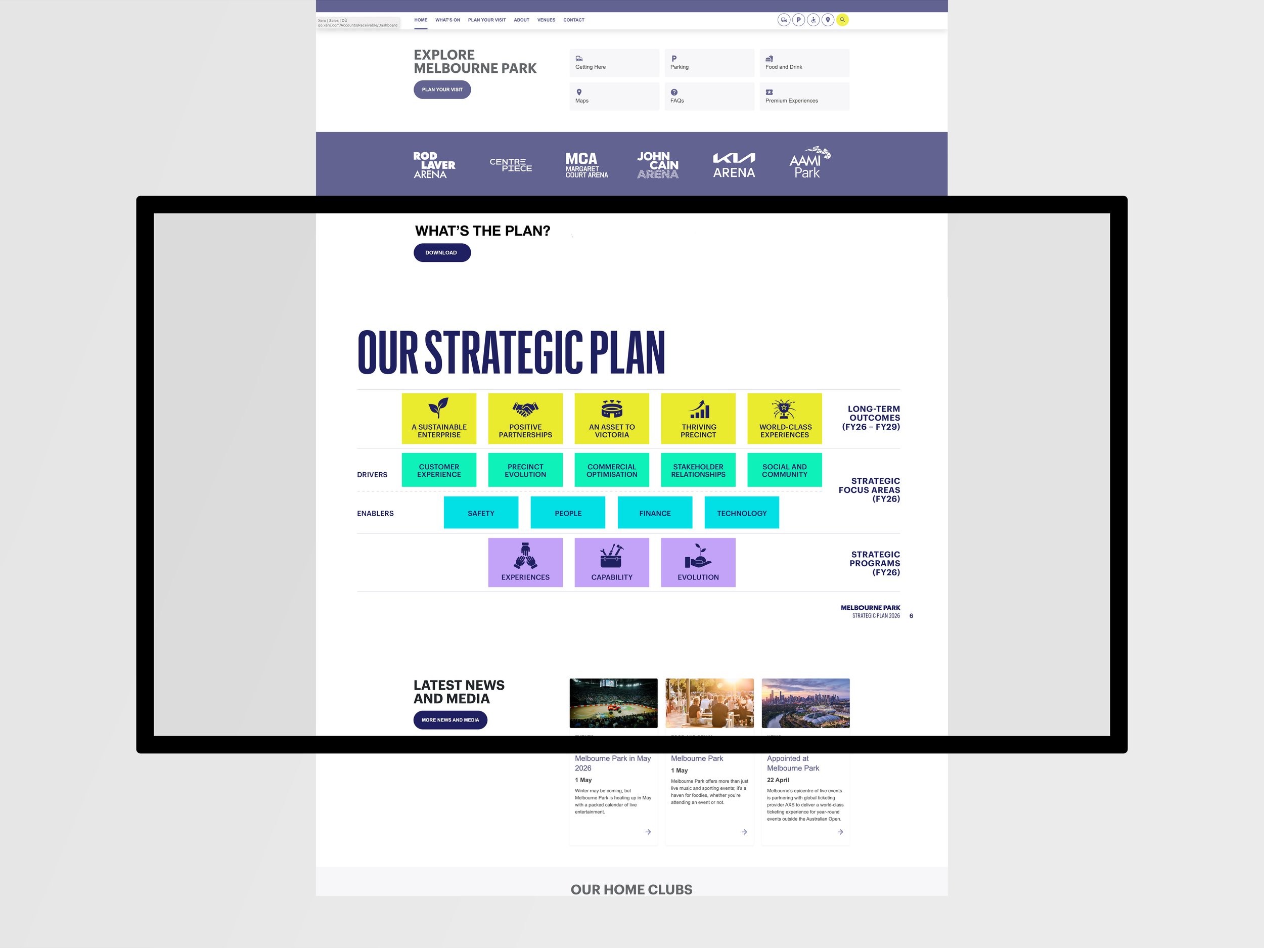 A screenshot of a webpage about Melbourne Park's strategic plan, with sections detailing the park's vision, drivers, enablers, and initiatives, along with news and media updates, and links to explore various park venues.