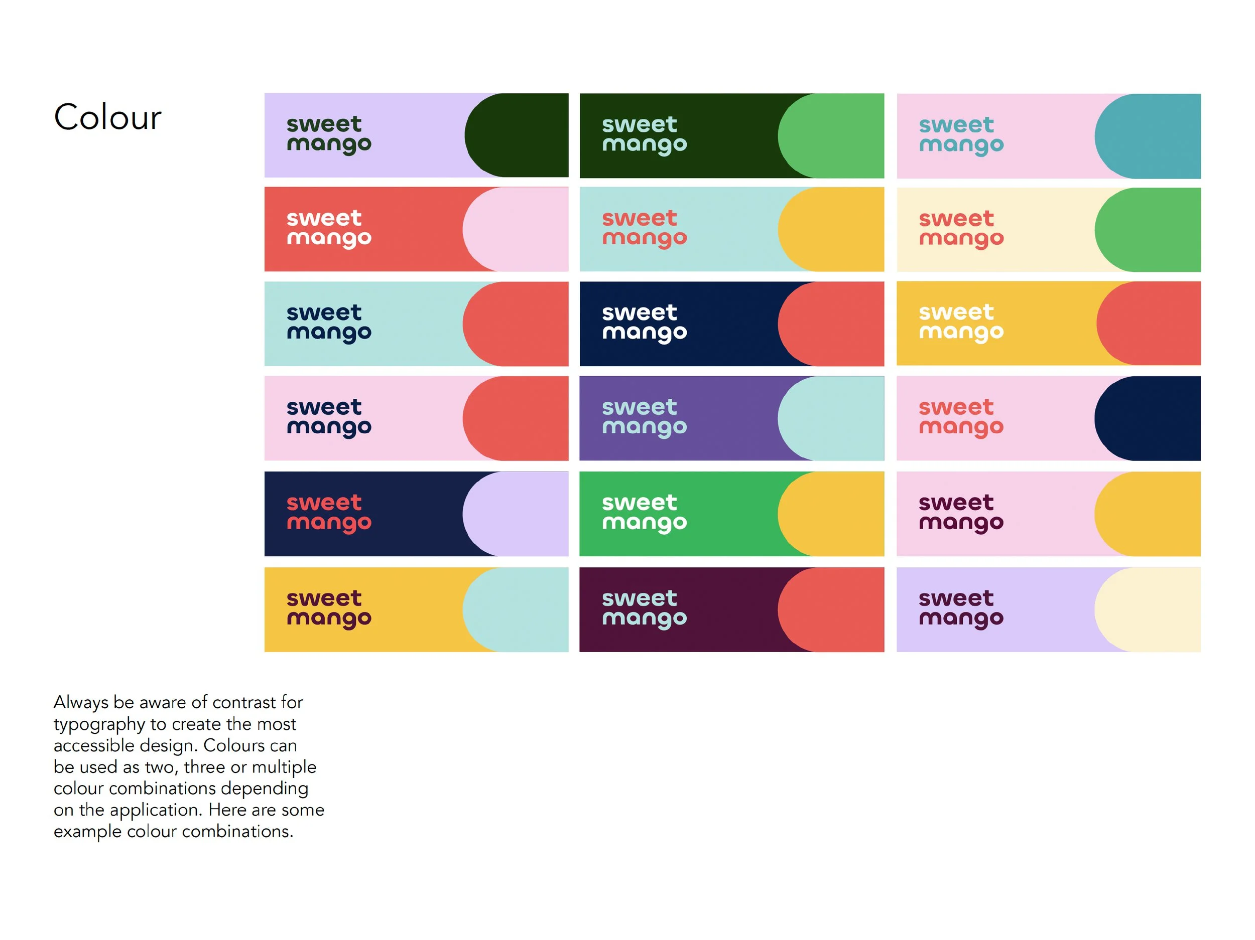 Color chart with various color combinations of 'sweet mango' text on different colored backgrounds, including purple, green, pink, red, yellow, blue, and navy blue.