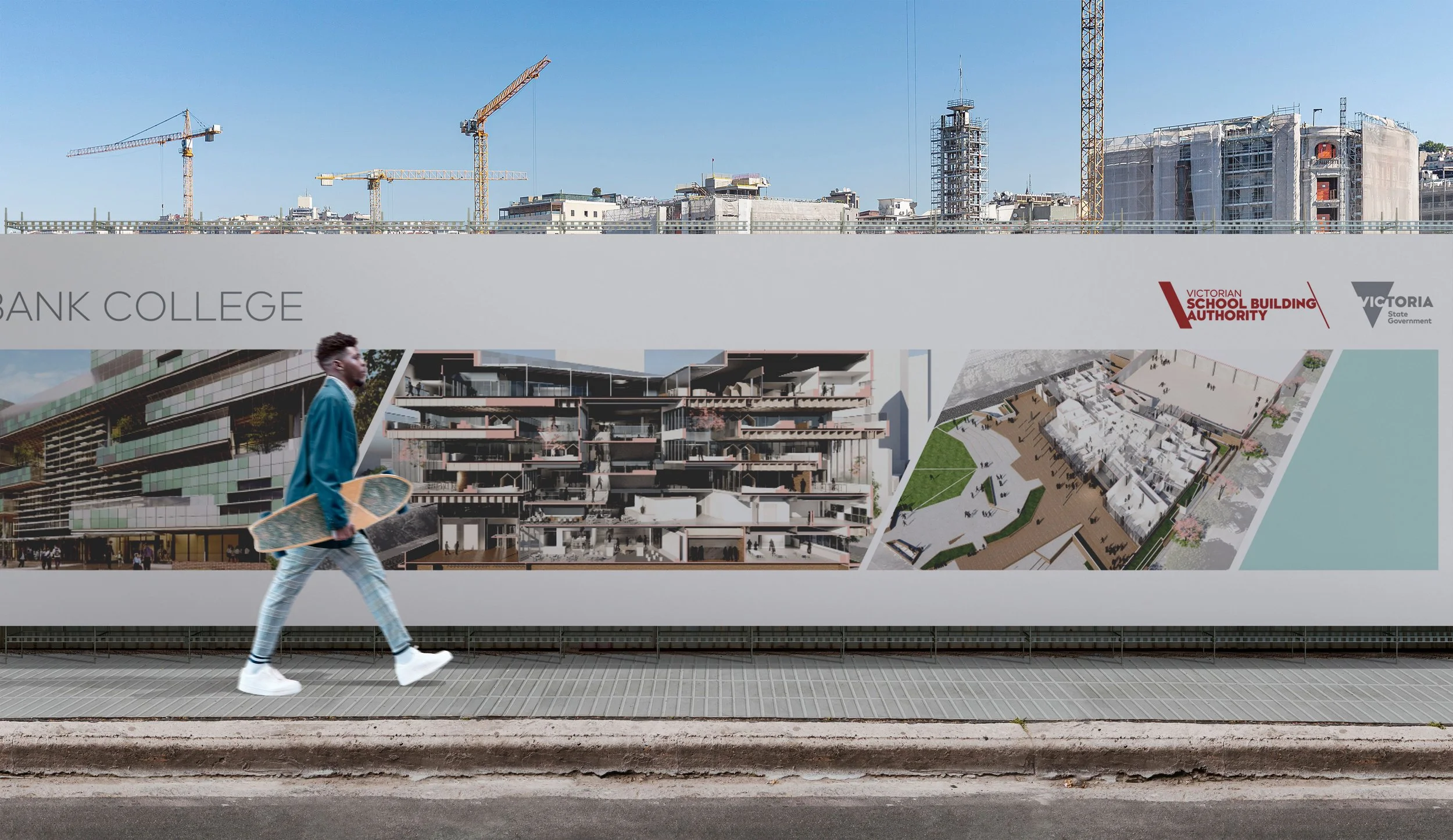 A construction site with high-rise buildings under construction, cranes, and a billboard displaying architectural renderings of a future building development. A young man with a skateboard is walking past in the foreground.