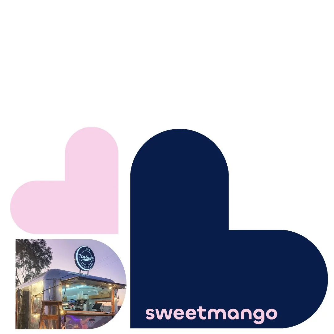 Graphic with pink and dark blue hearts, a small photo of a vintage food truck with a sign that says 'Vintage' and the text 'sweetmango' in pink at the bottom
