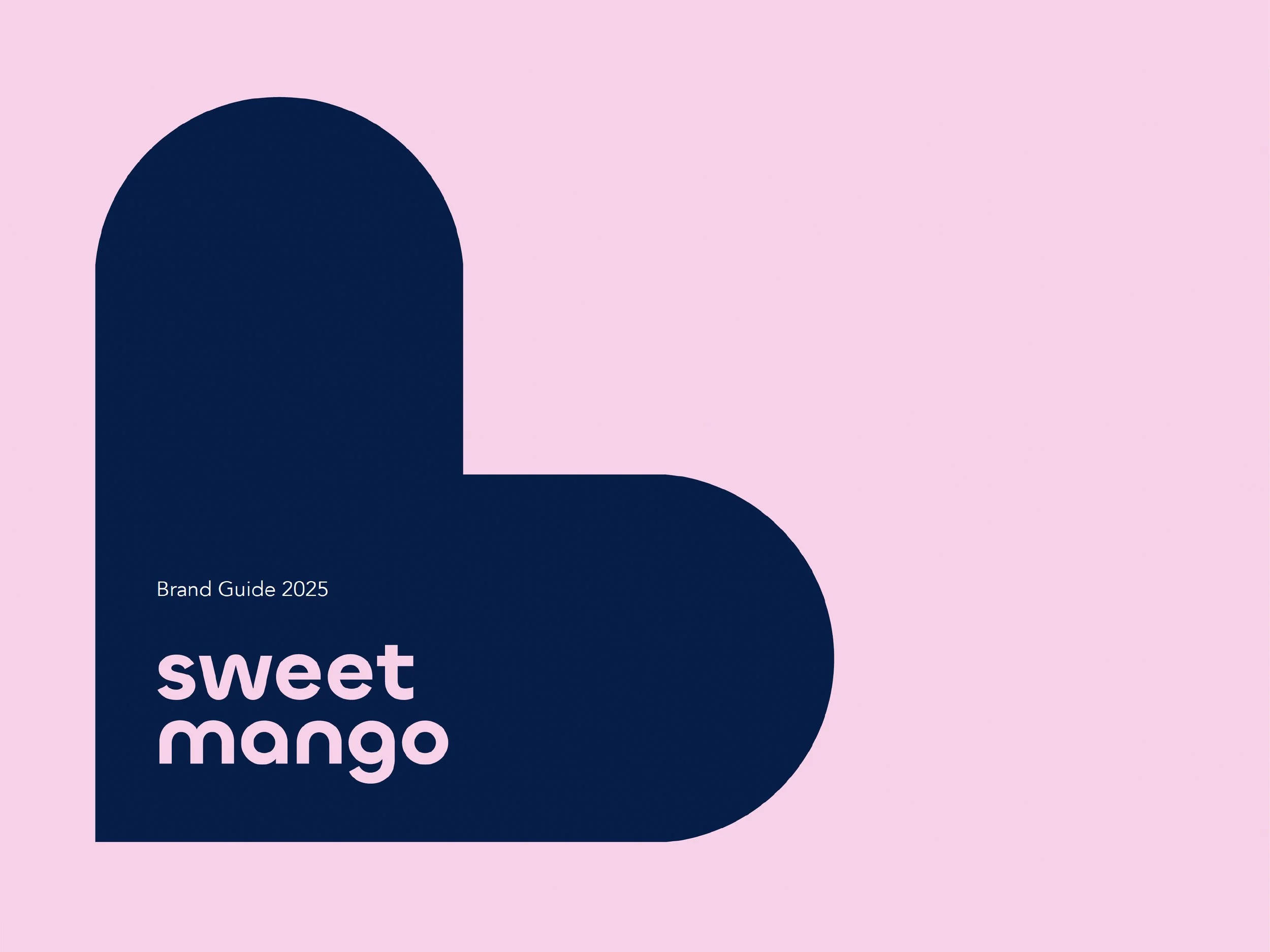 Cover of a brand guide titled 'Sweet Mango Style Guide 2025' with a pink background and a large dark blue circle with the word 'sweet mango ' in pink text.