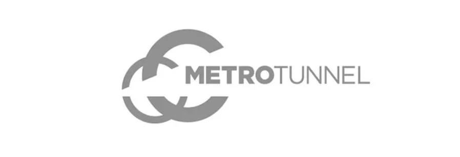 Logo for Metro Tunnel in gray and white.
