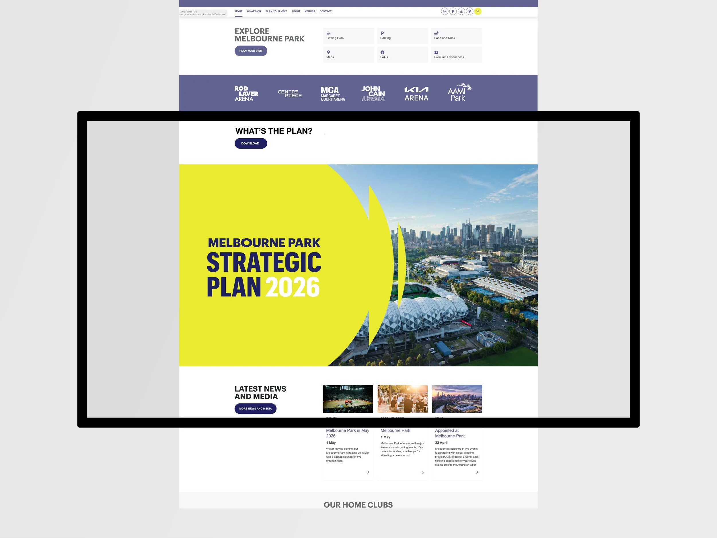 Screenshot of a website page showing Melbourne Park's 2026 strategic plan, with a cityscape background, and sections about news, media, and clubs.