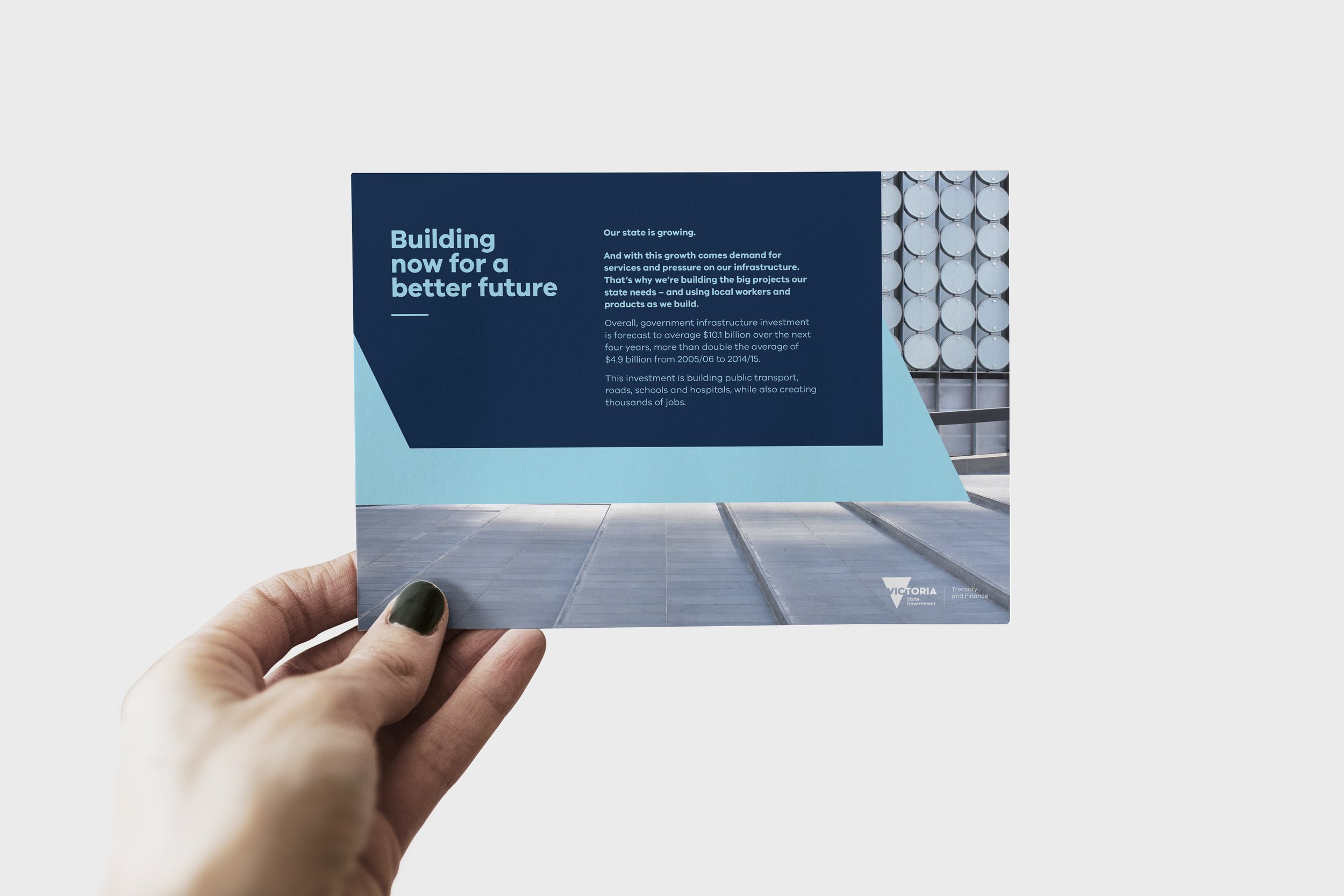 A person holding a postcard with a blue front featuring text about government infrastructure investment, with a background of the RMIT Design Hub building covered in circular panels.