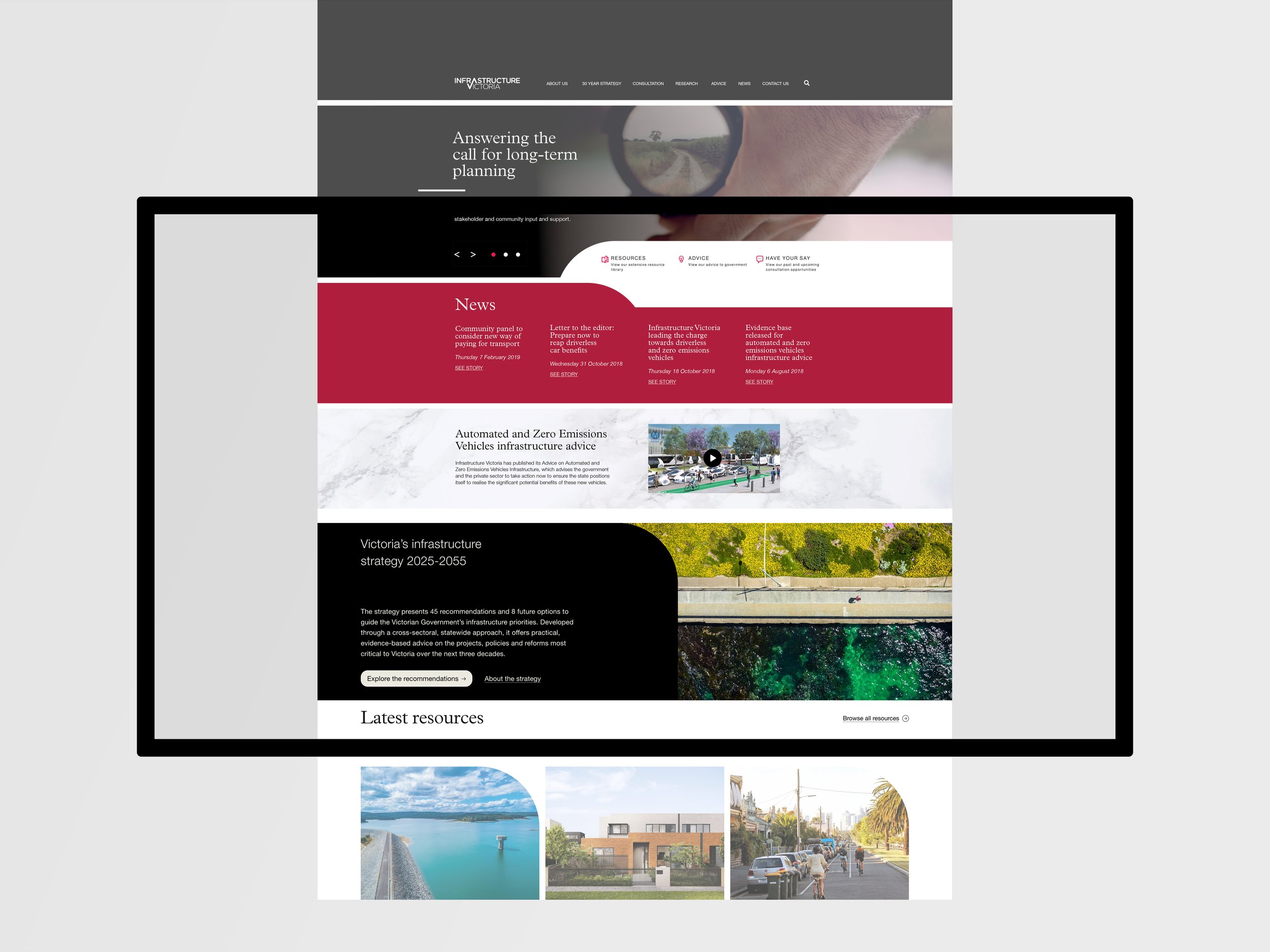 Screenshot of a website featuring sections on infrastructure planning and development in Victoria, with news articles, resources, and images of urban and natural environments.
