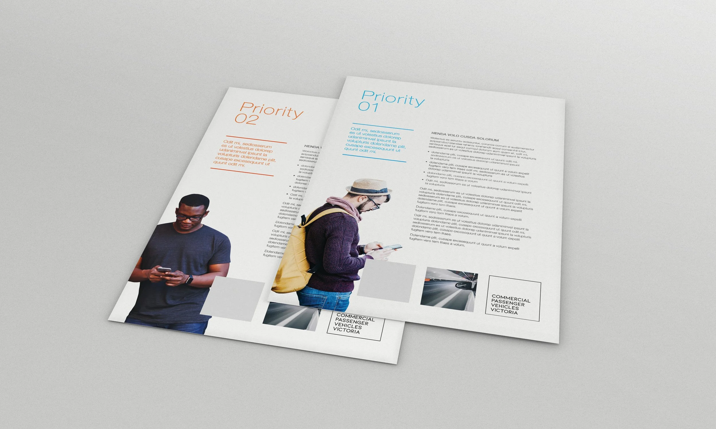 Two pieces of paper with text and images are laid flat on a light gray surface. The papers feature headings labeled "Priority 01" in blue and "Priority 02" in orange, with accompanying blocks of placeholder text. They also include images of people us