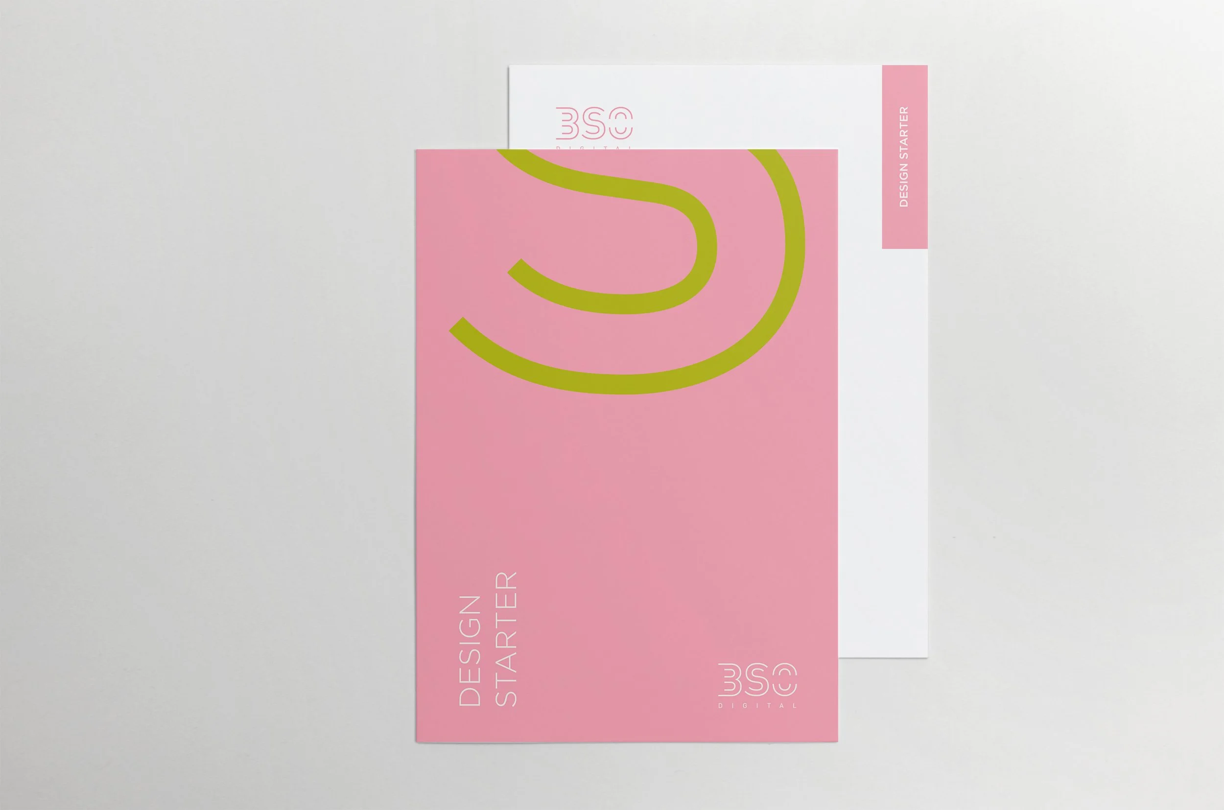Pink and white postcards with green curved lines and white text, stacked on a white surface. They are promotional cards containing information about BSO services.