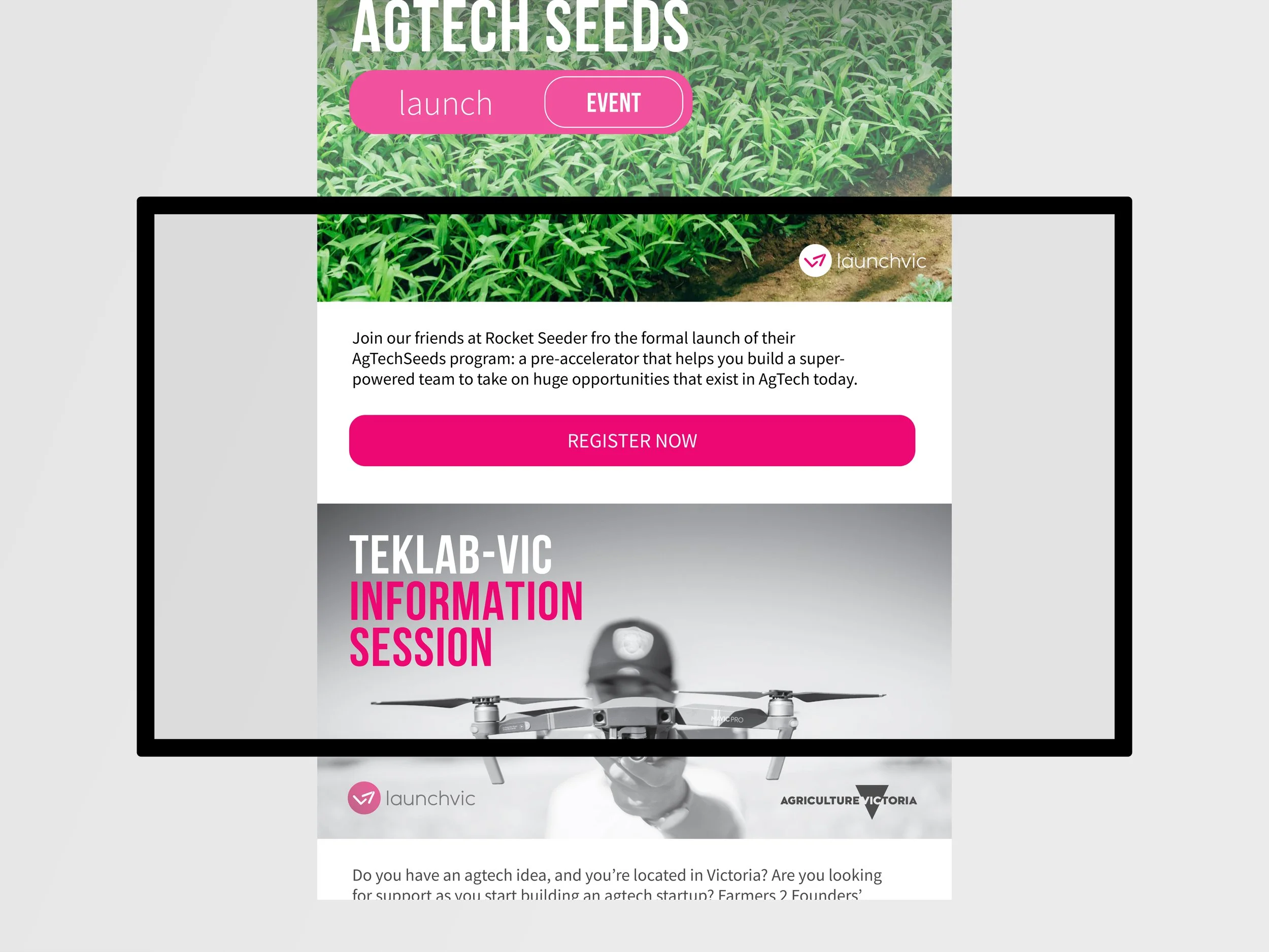 A digital newsletter, with a background of green young plants, a pink launch button and a description about joining a rocket seeder program. The page includes logos for launchVic and Agriculture Victoria, with a drone image below.