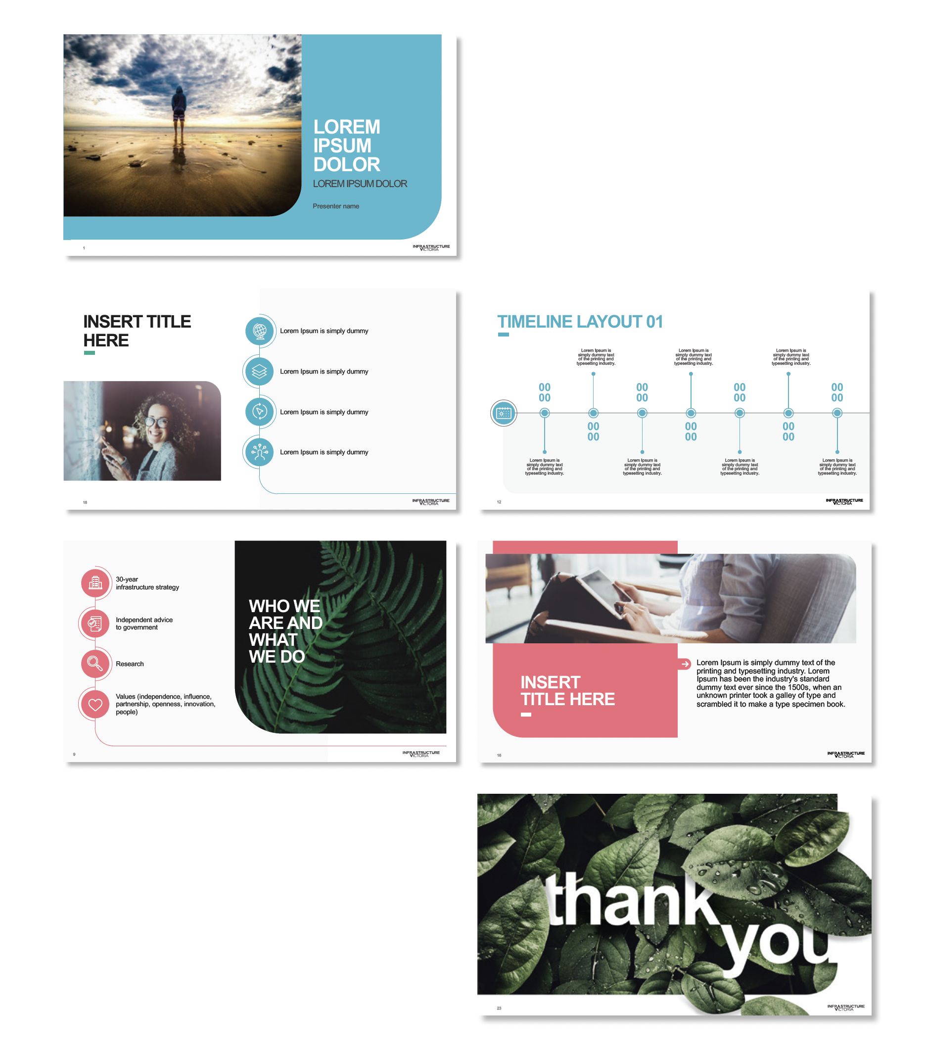 Collage of presentation slides with images, icons, and placeholder text including 'Thank you', 'Title here', 'Sub-Title here' and various graphics.