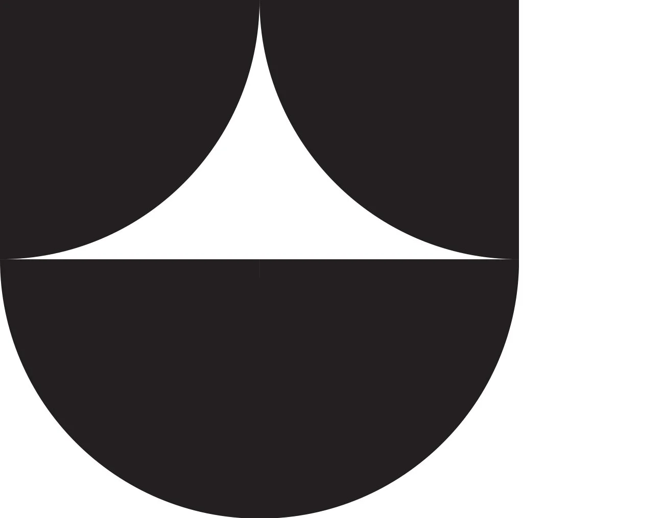 An abstract black and white geometric design featuring circles and semi-circles arranged symmetrically.
