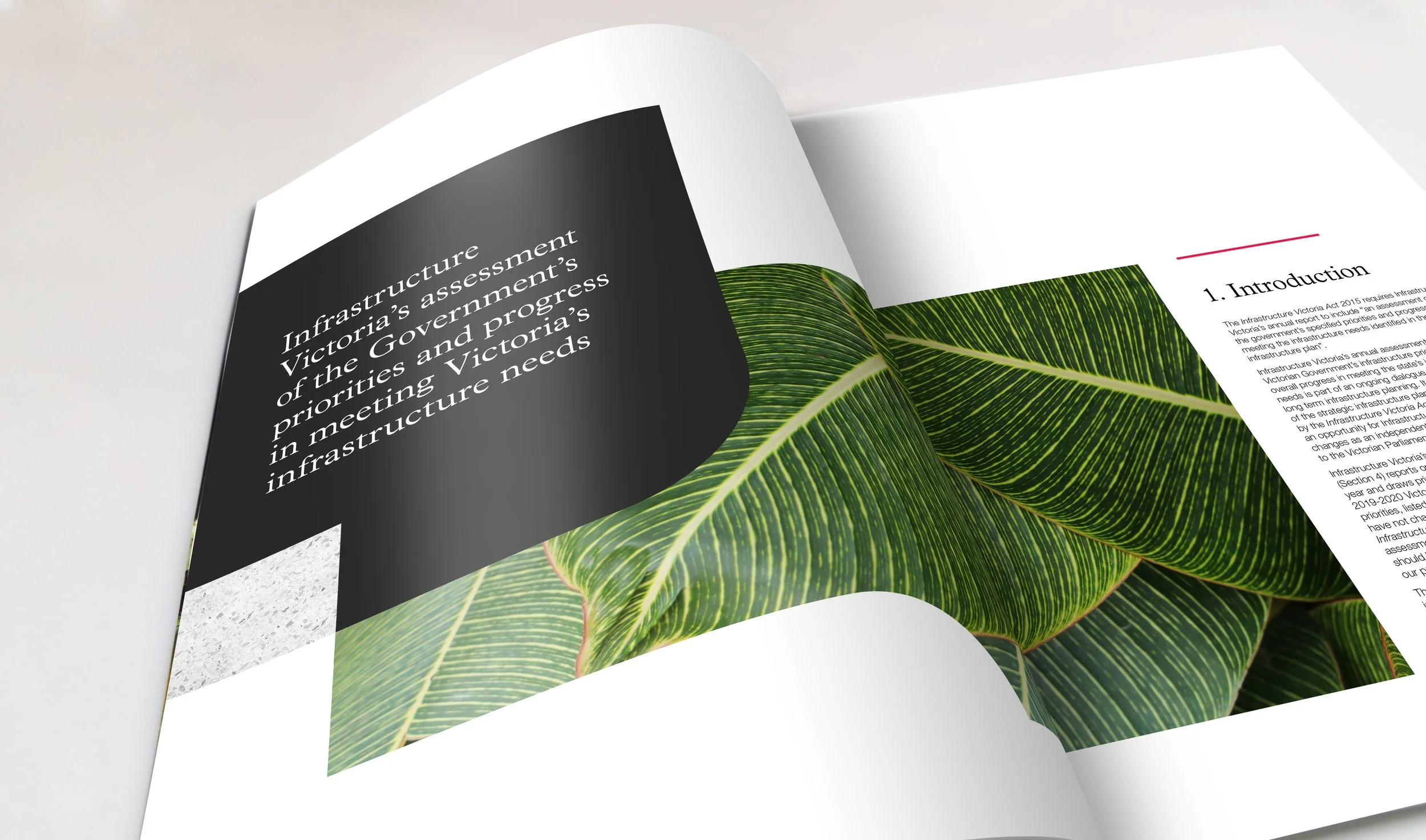 An open magazine or booklet displaying a page with a black section containing white text and a page with green leaf images and text related to infrastructure assessment.