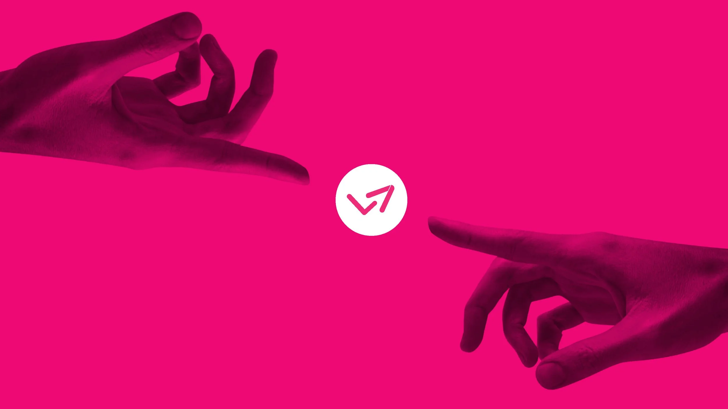 Two hands reaching toward each other with a white circle and pink LaunchVic logo between them on a pink background.