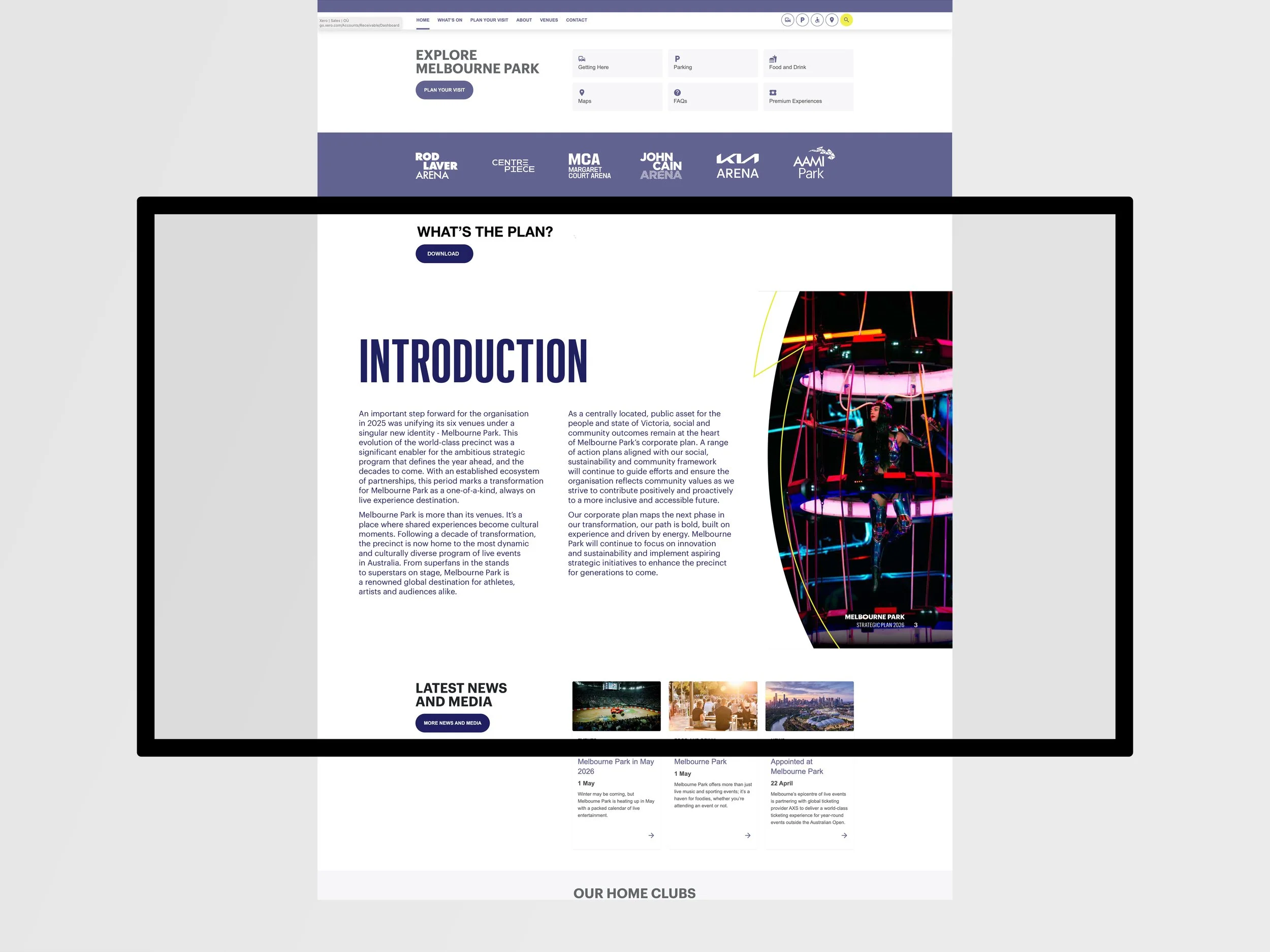 Screenshot of a website page showing Melbourne Park's 2026 strategic plan, showing navigation menu, event information, and a colourful image of Katie Perry singing surrounded by neon lights.
