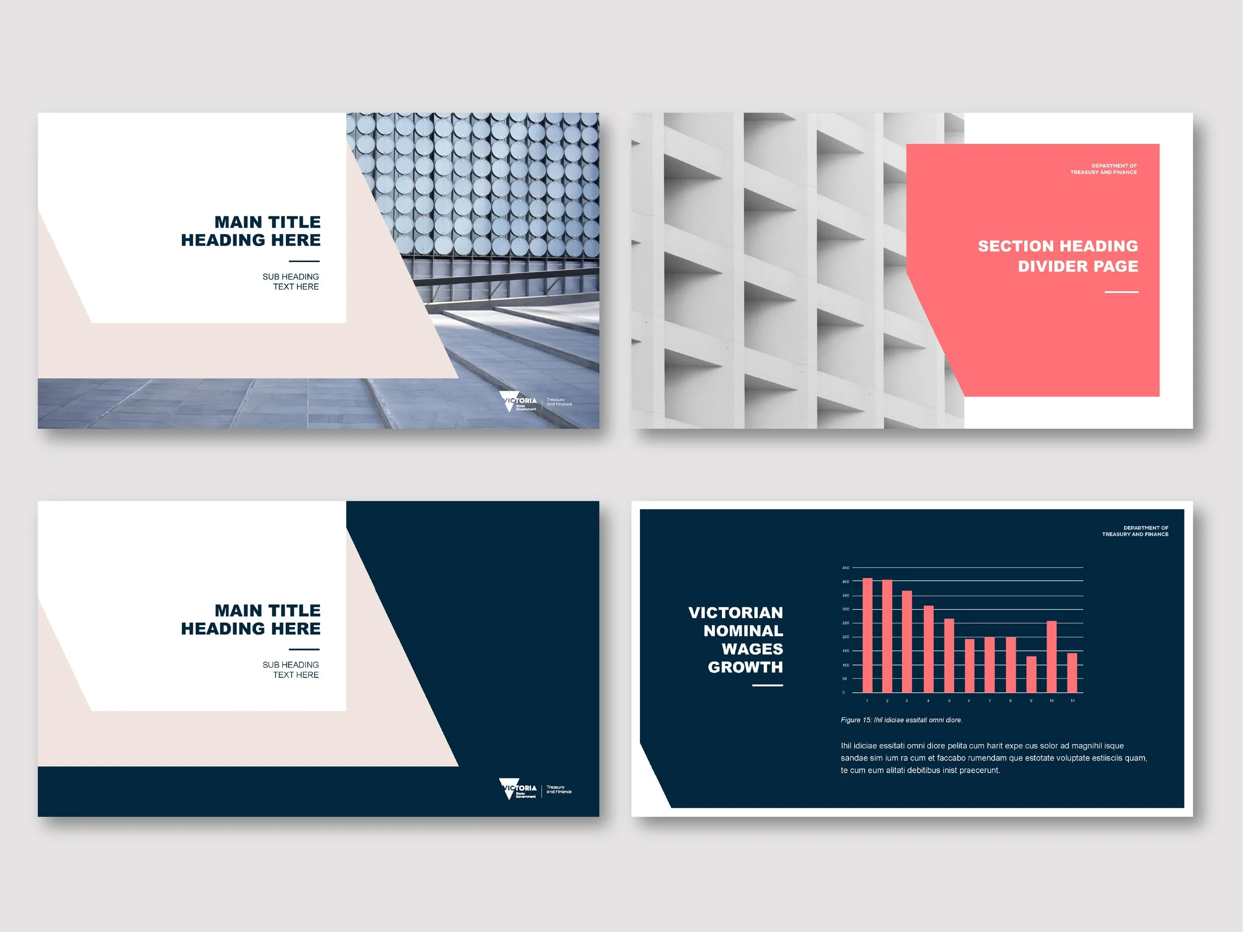 Presentation slides with graphs and text, featuring a modern building exterior with circular windows and a white structure, along with charts titled 'Victorian Nominal Wages Growth' and areas designated for main titles, subtitles, and section headers