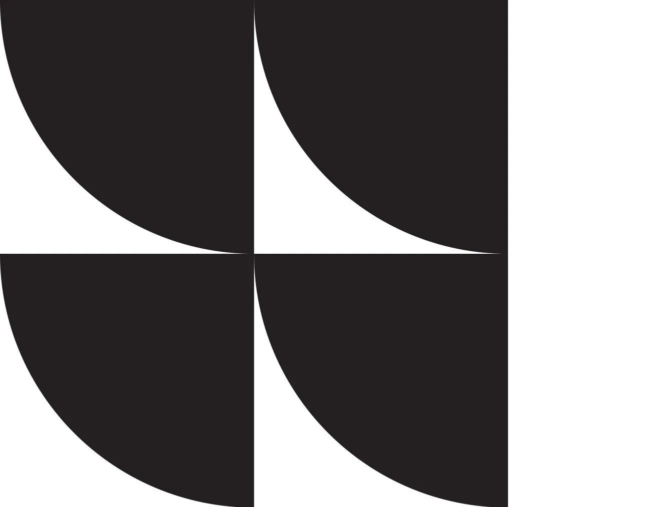 Black and white abstract geometric design with four quarter circles and four triangle shapes arranged in a grid pattern.
