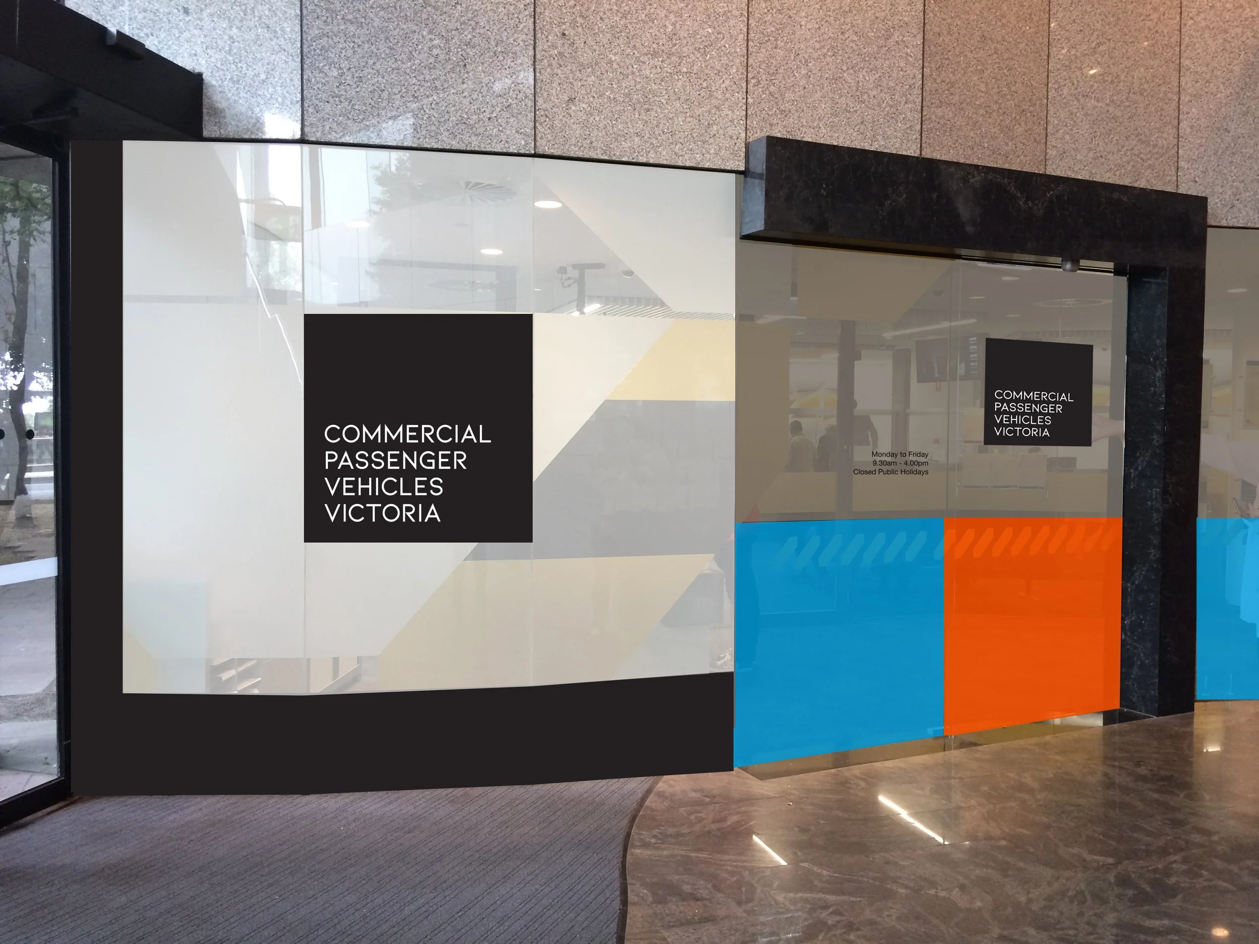 Sign inside a building indicating information for commercial passenger vehicles in Victoria, with details about hours and holidays.