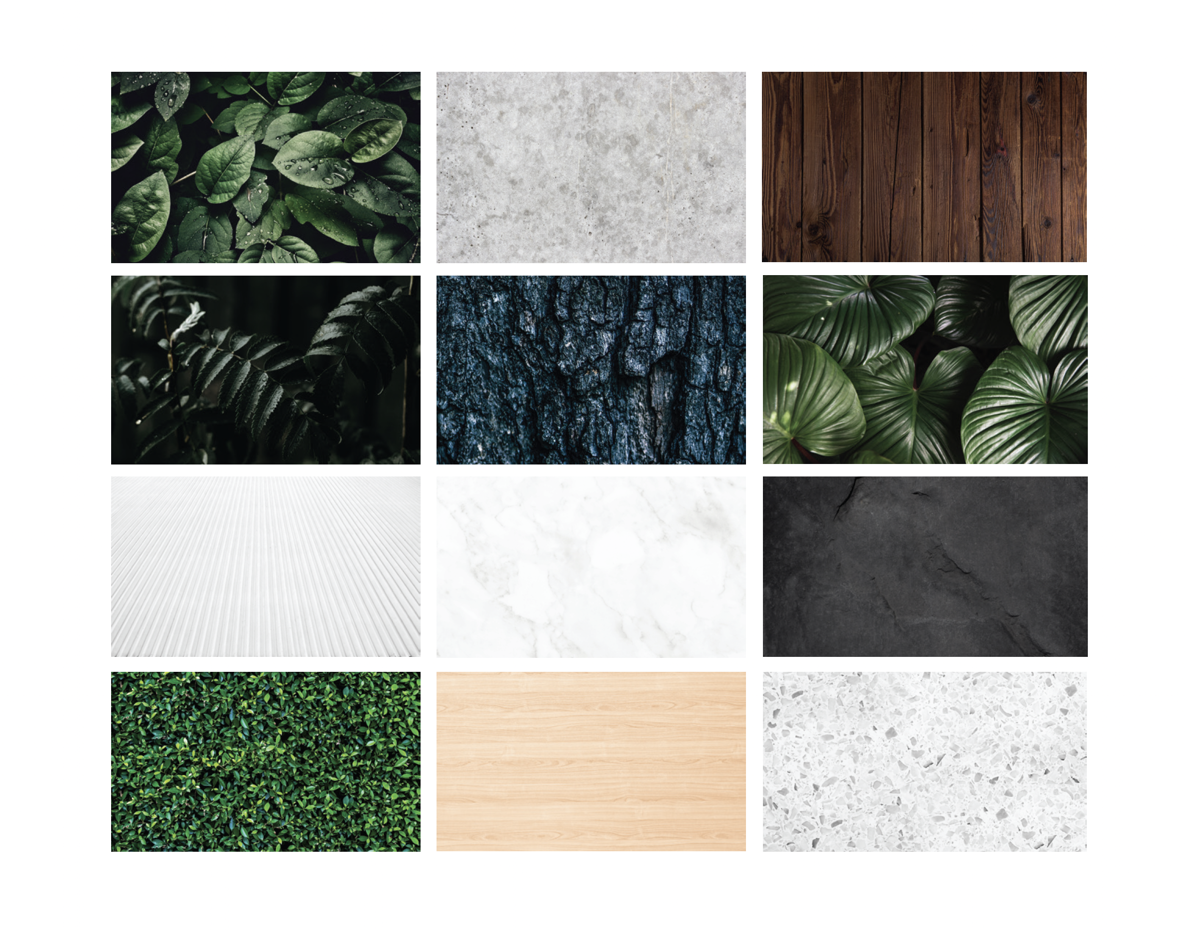 A collage of eleven different textures and surfaces, including leaves with water droplets, concrete, wood, bark, and various types of stone and faux greenery.