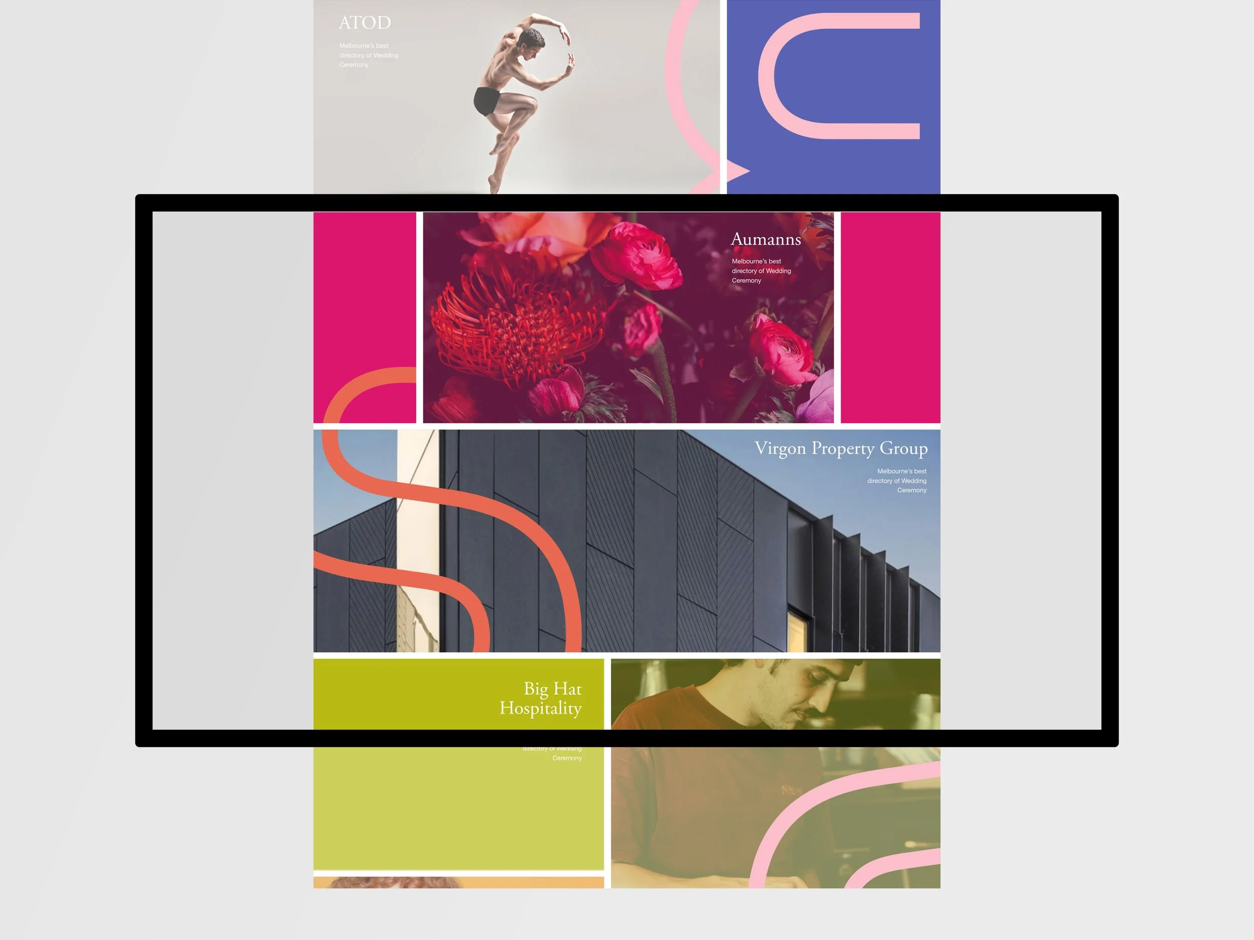 An image of part of a brightly coloured website containing branded elements, featuring various themes including dance, flowers, architecture, and people, with colourful geometric accents.