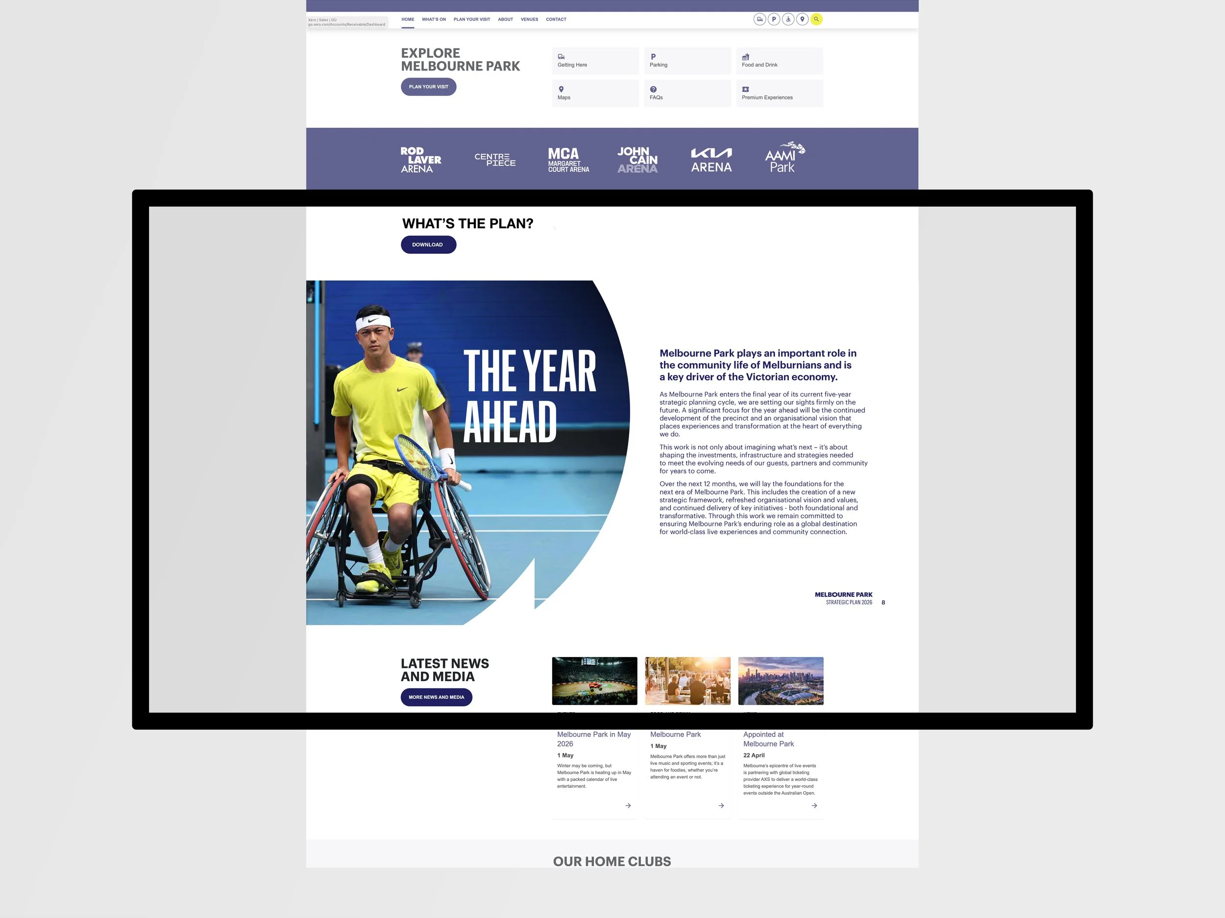  highlighting recreational and community activities. The page features a large image of a young man in a wheelchair holding a tennis racket, wearing a yellow sports outfit and headband, with an overlay text 'The Year Ahead.' The website includes navi