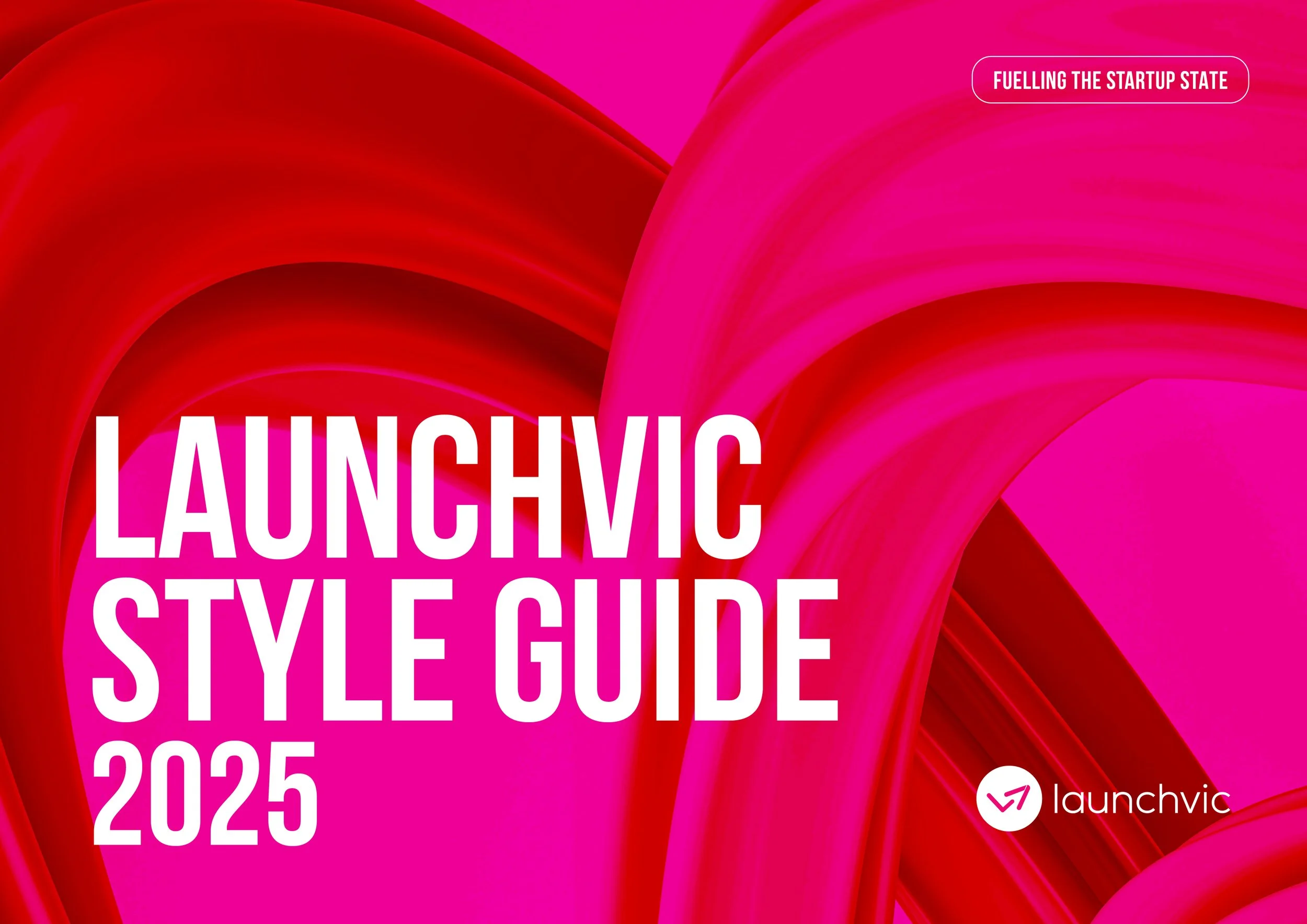 Pink and red abstract swirl background, white text that reads 'LaunchVic Style Guide 2025'. In the bottom right corner, there is a logo of LaunchVic.