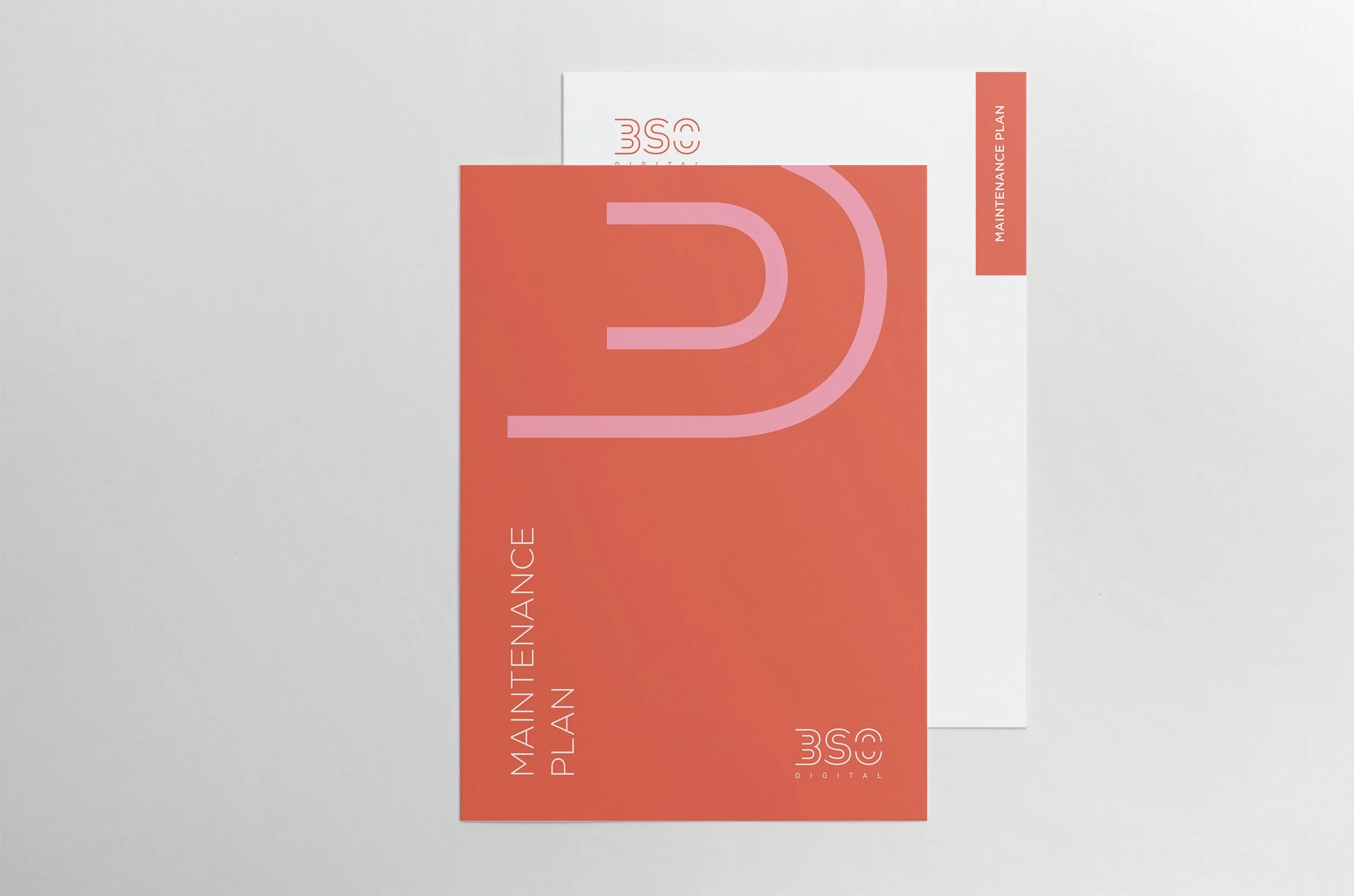 Two business poatcards, one placed over the other, both featuring abstract designs in red and pink tones with white text on a light gray background. They are promotional cards containing information about BSO services.