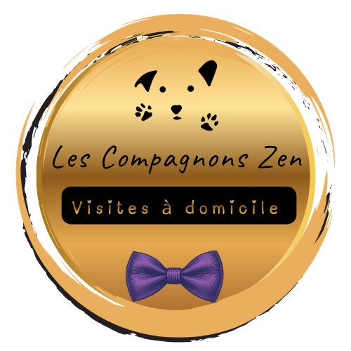 Logo rond avec un chat stylisé, texte 'Les Compagnons Zen' et 'Visites à domicile', et un nœud papillon violet au bas.