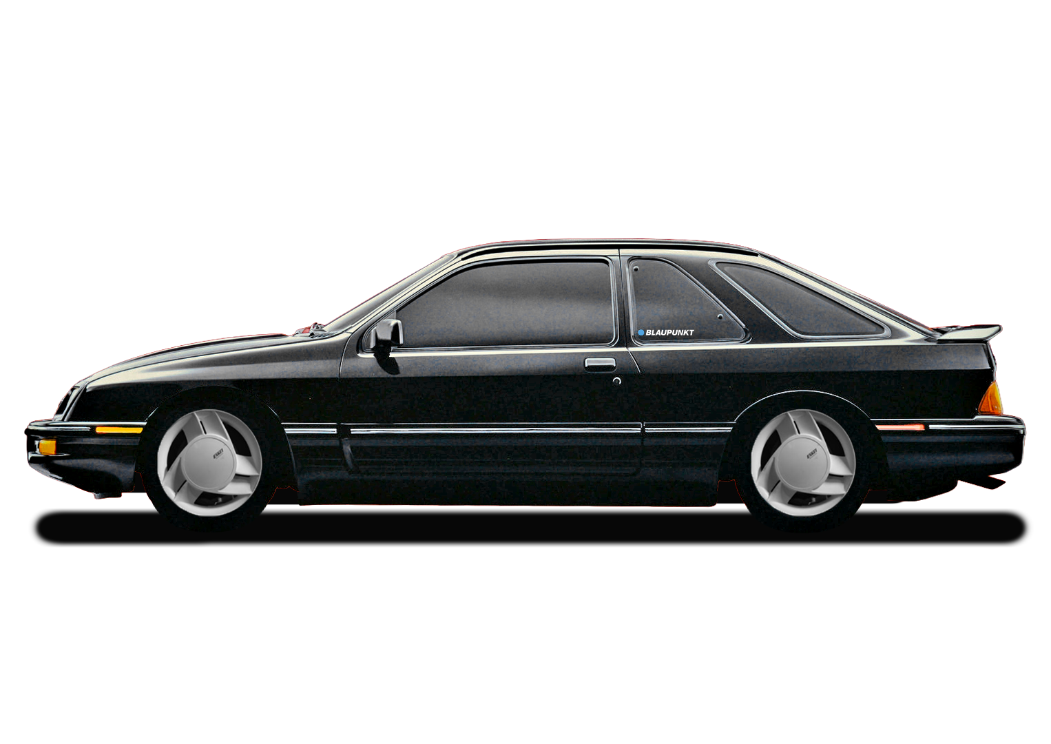 A black vintage car with a sleek, low profile, silver hubcaps, and tinted windows