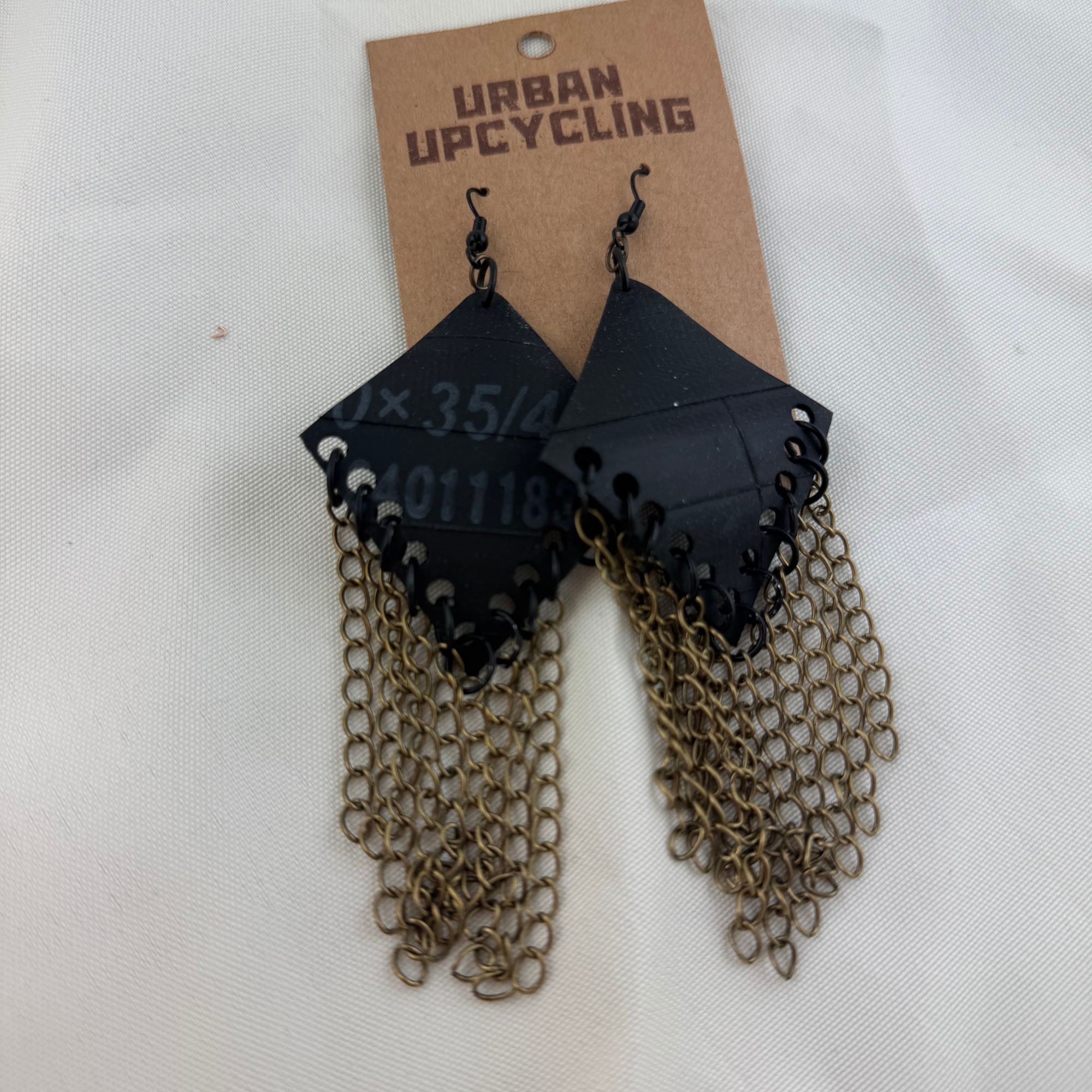Black Diamond Up-cycled Bike Tube and Chain Fringe Earrings.png
