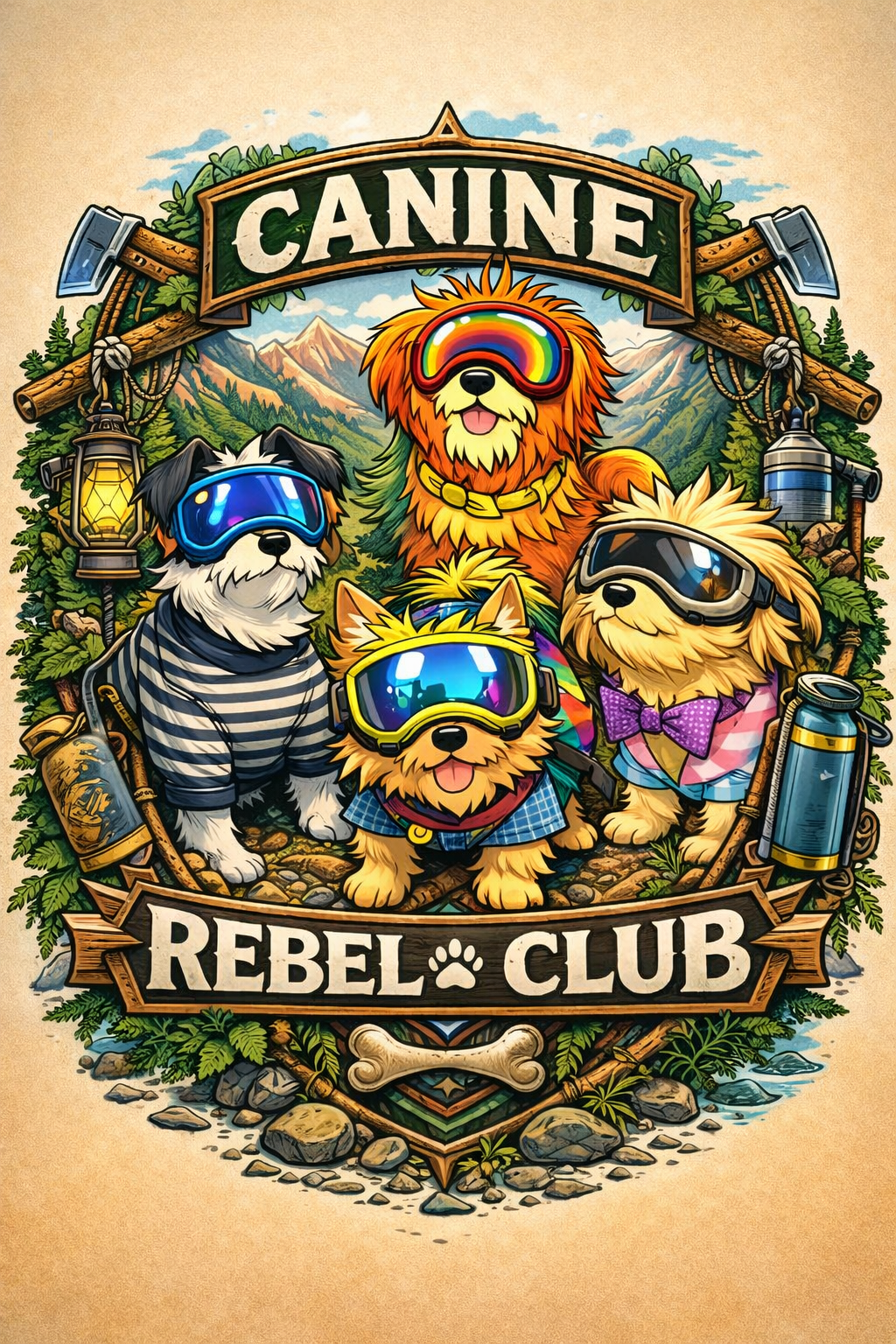 Illustration of five dogs dressed in outdoor and adventure gear, with one dog in the center wearing sunglasses with a rainbow reflection, set in a forest with mountains in the background. The image includes a banner with the words 'Canine Rebel Club' and outdoor elements like lanterns, axes, and a coffee can.
