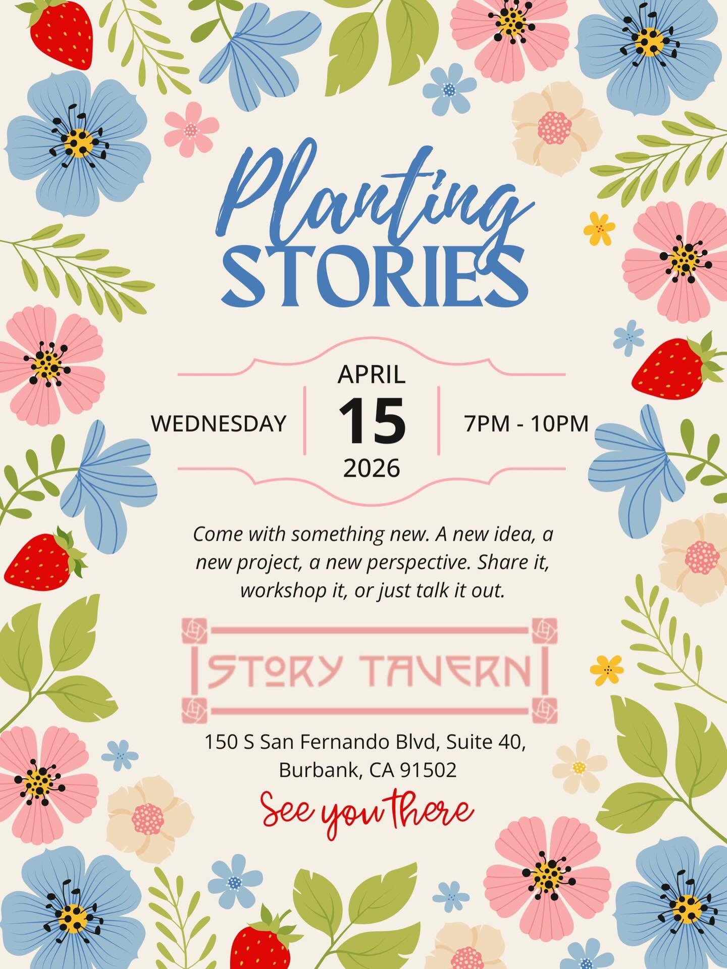 🌱 April Meet‑Up &ndash; &ldquo;Planting Stories&rdquo;

🗓️ Wednesday, April 15
📍 @the_ciderworks 150 S. San Fernando Blvd., Suite 40, Burbank, CA 91502
🕰️ 7 pm - 10 pm

Come with something new: a fresh idea, a budding project, or a different pers