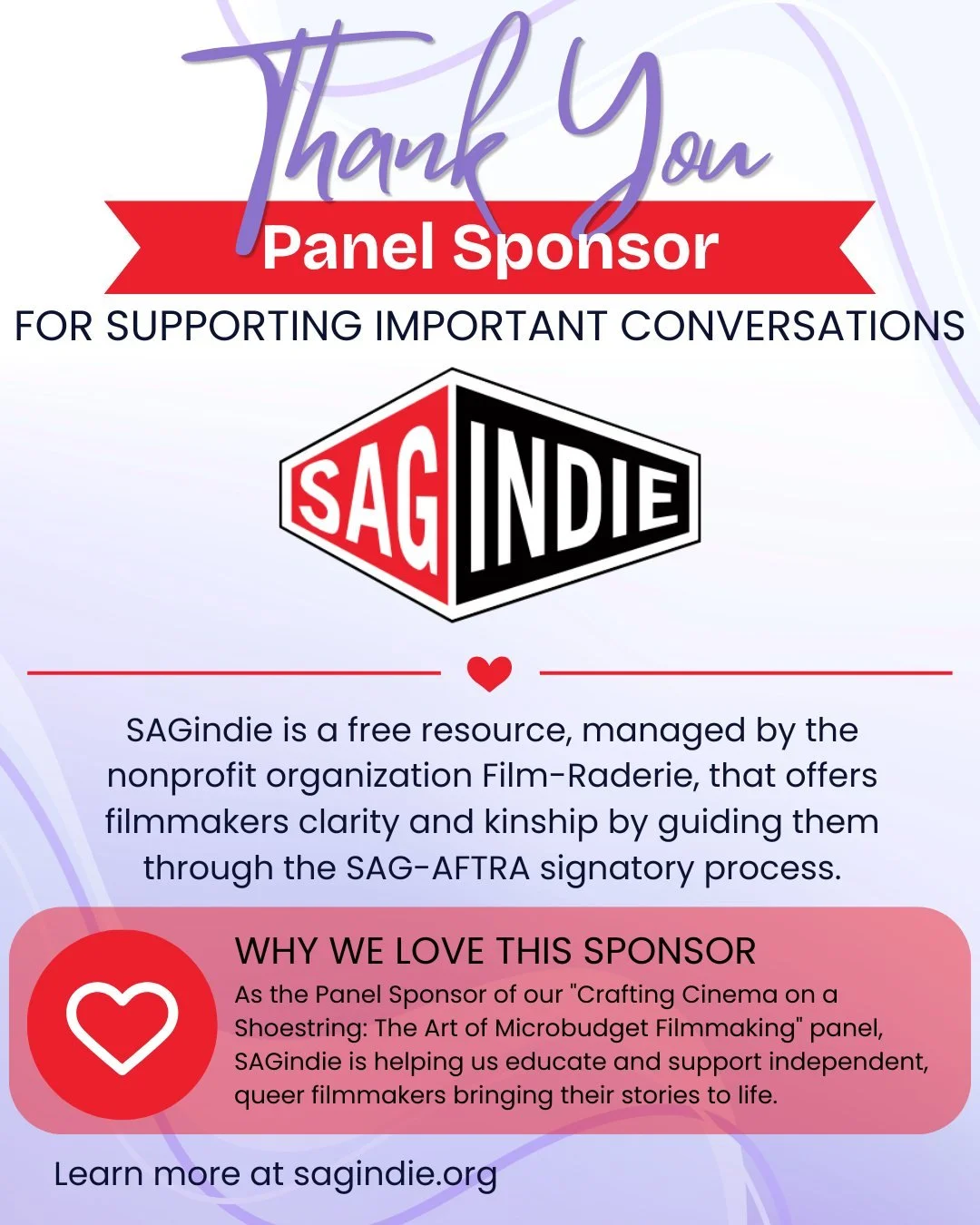 🙏❣️ Sponsor shout-out! ❣️🙏

Thank You to Our Sponsor: @sagindie ✨

This week&rsquo;s panel is proudly sponsored by SAGindie, a free filmmaking resource created to offer clarity and kinship by guiding filmmakers through the SAG-AFTRA signatory proce