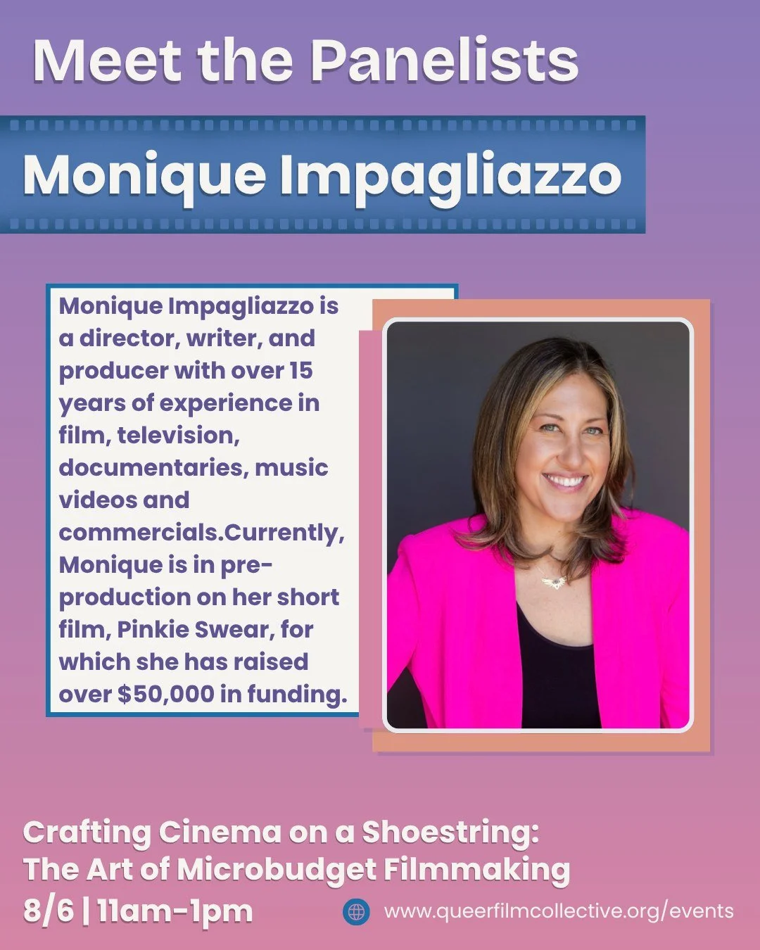 🌟TOMORROW 🌟 (August 6th) join us from 11 AM - 1 PM at @firstent for Crafting Cinema on a Shoestring: The Art of Microbudget Filmmaking! 🥳

🎬 Today we're spotlighting Monique Impagliazzo (@moniqueimpagliazzo ) - a director, writer, and producer wi