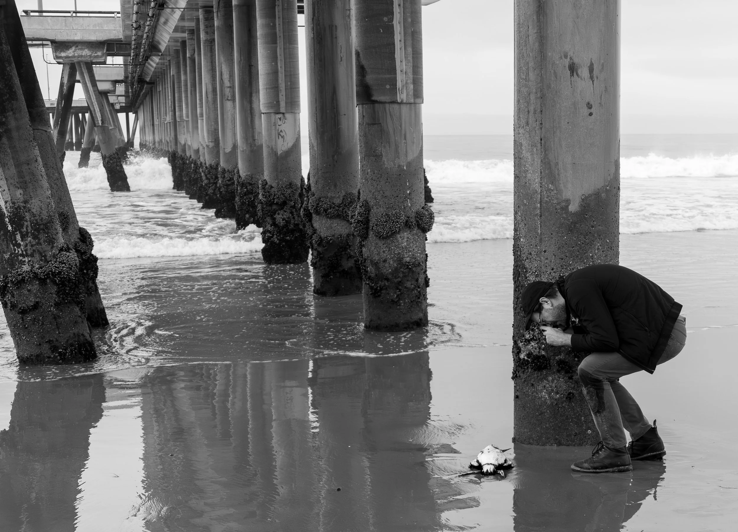 candid photographer under venice beach pier