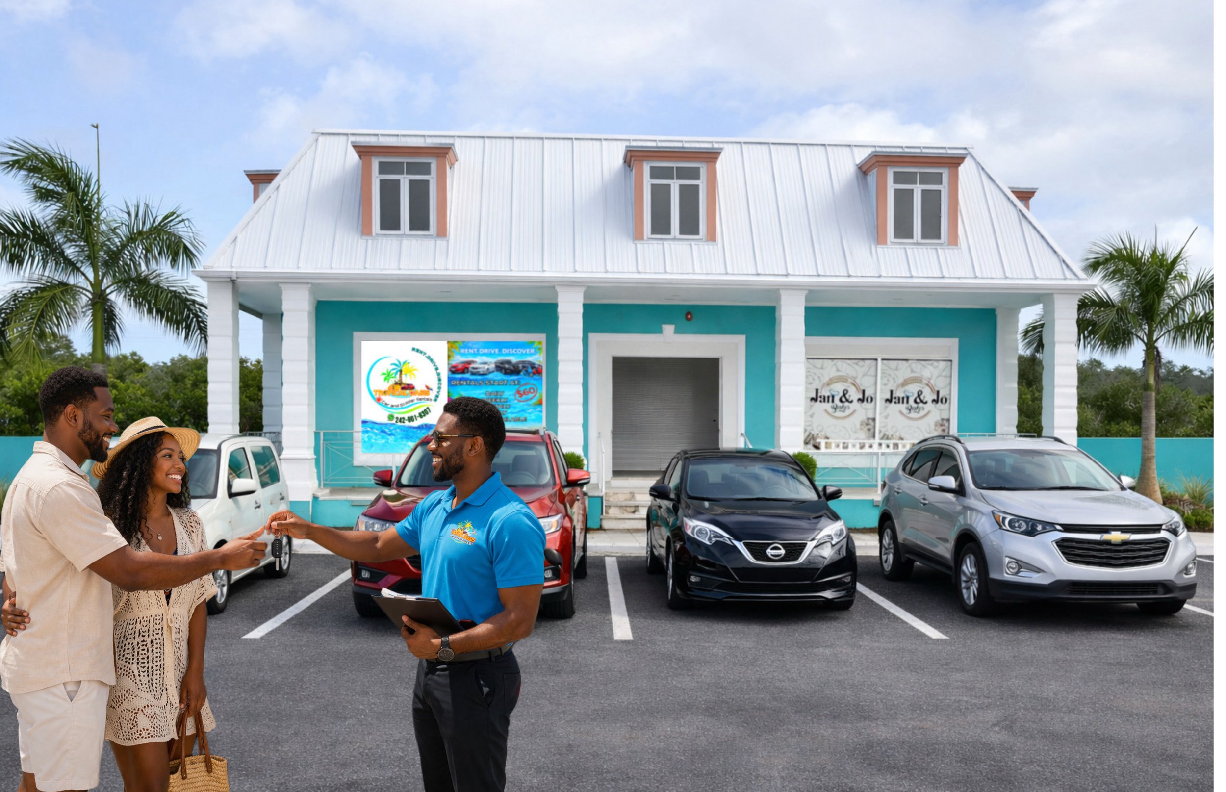 Couple receiving keys from a car salesperson in front of a travel agency storefront, with three cars parked in front and palm trees on either side.