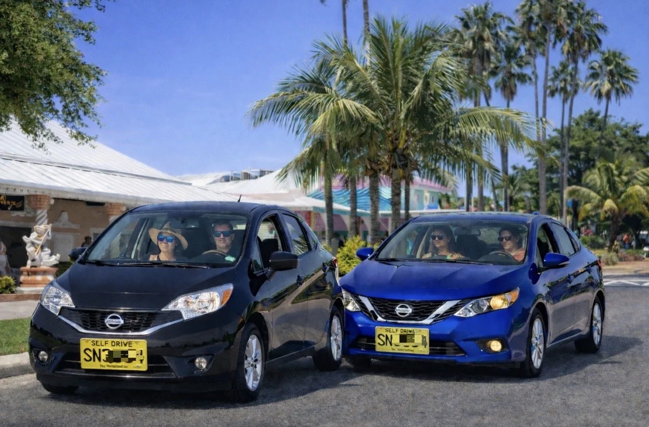 Two blue and black Nissan cars parked side by side in a sunny location with palm trees and a building in the background. Four people in sunglasses and casual clothing are inside the cars, two women in the blue car and two women in the black car.