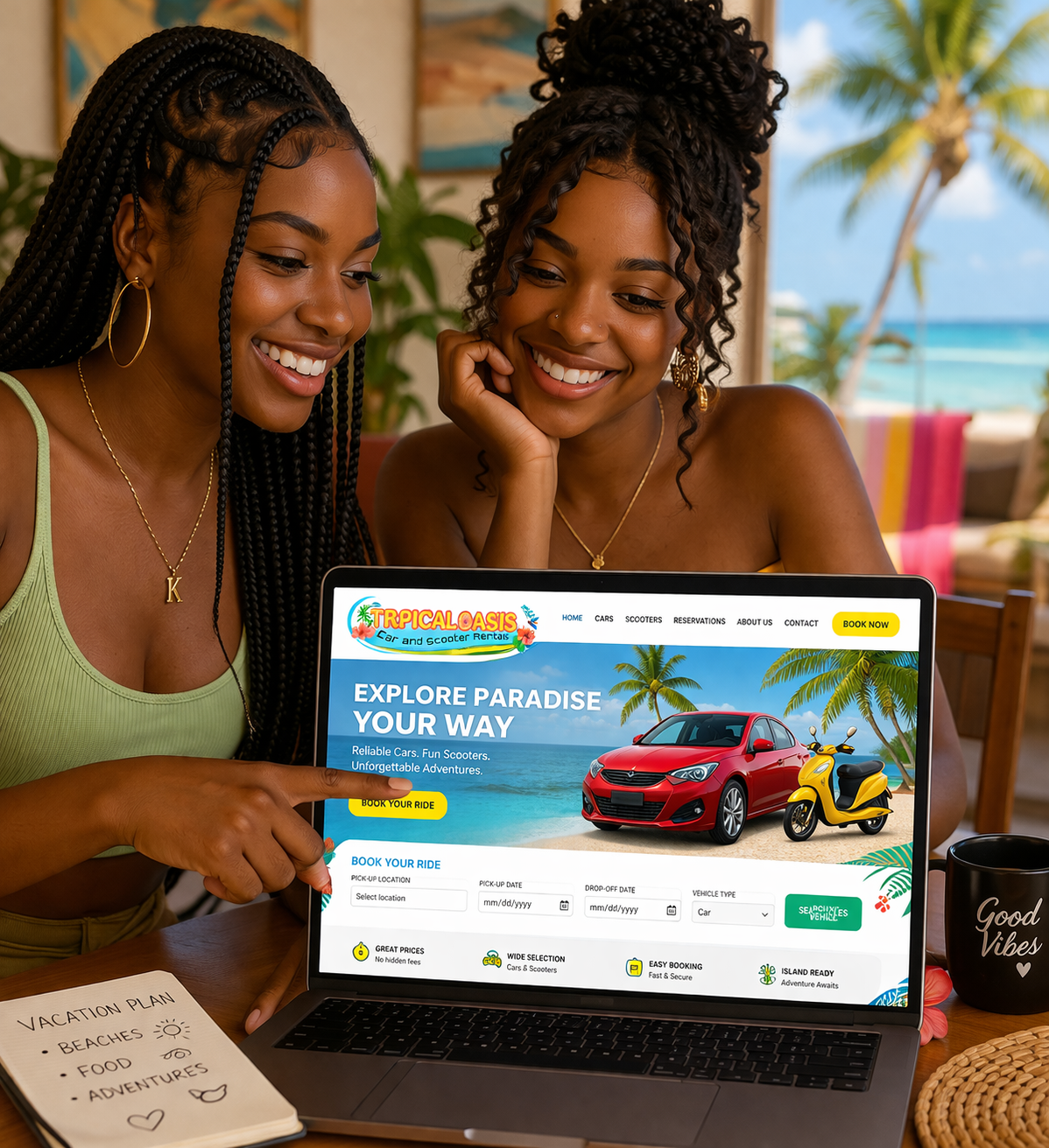 Two women smiling and looking at a laptop screen displaying a car and scooter rental website with a beach scene in the background.