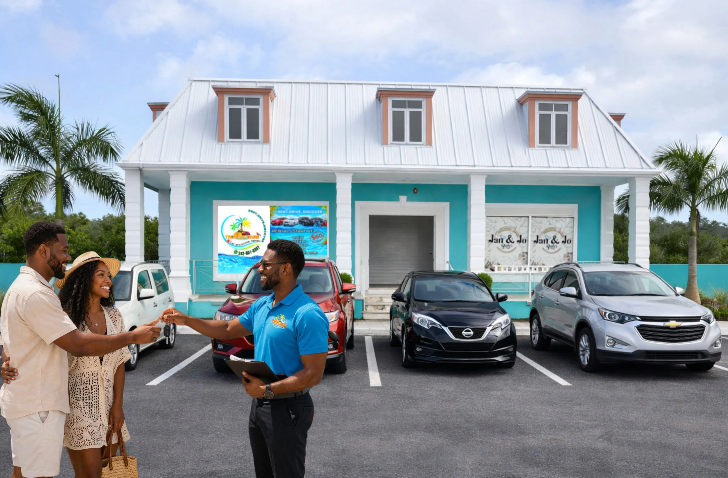 A real estate agent handing over keys to a happy couple in front of a colorful commercial building with a blue facade, with parked cars and palm trees in the background.