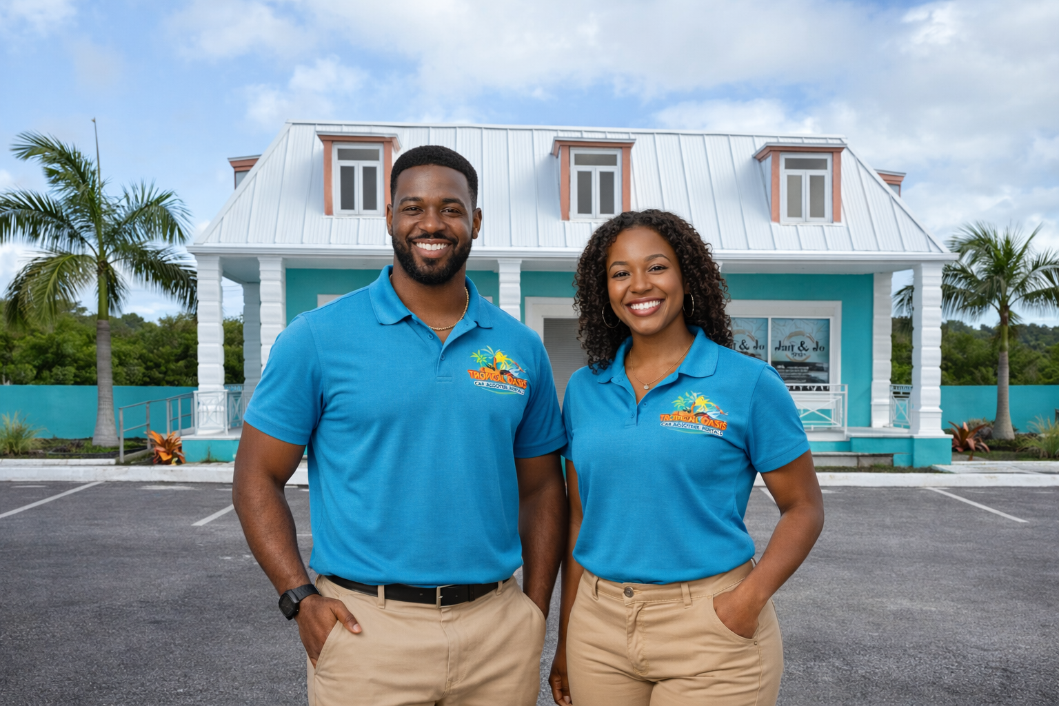 A man and woman wearing matching blue polo shirts with a tropical island logo, standing in front of a colorful house with palm trees and an empty parking lot.