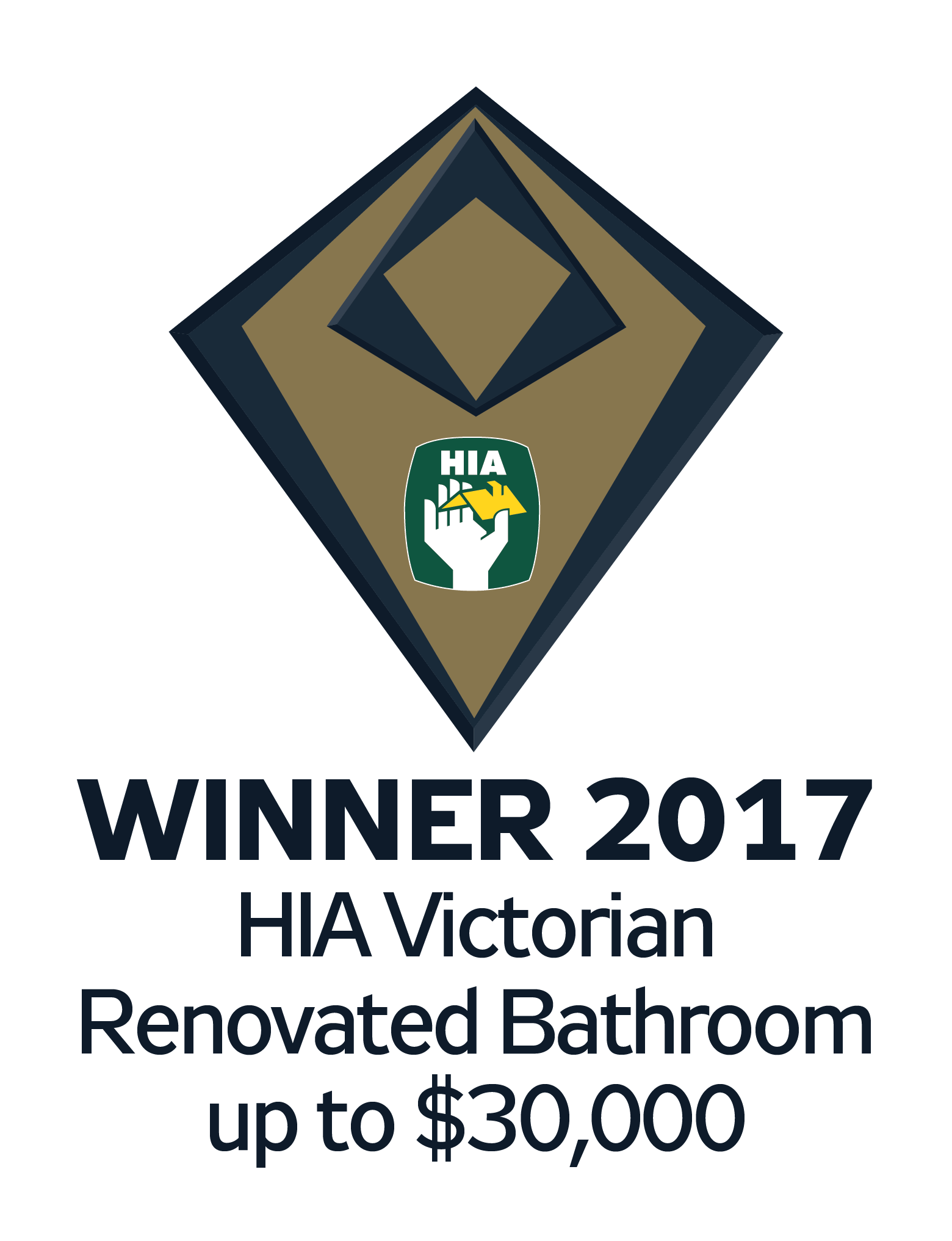 Graphic design featuring a diamond-shaped emblem with HIA and a hand holding a house logo, and the text "WINNER 2017 HIA Victorian Renovated Bathroom up to $30,000."
