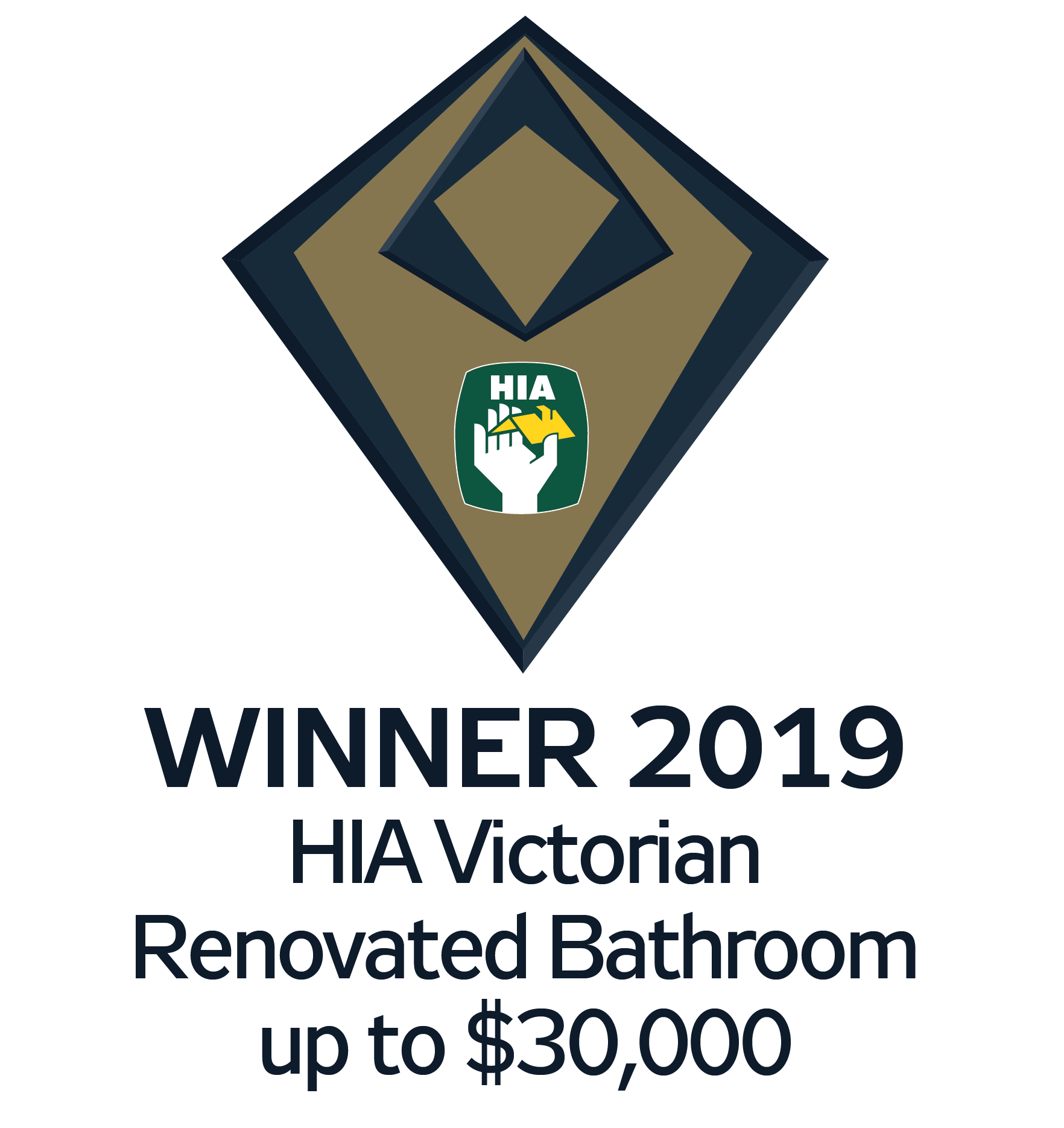 Award badge with geometric design and HIA logo, reading 'Winner 2019 HIA Victorian Renovated Bathroom up to $30,000'.