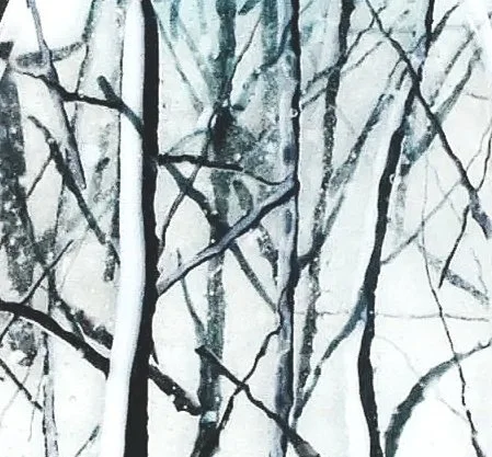 Black and white sketch of tree branches against a light background.