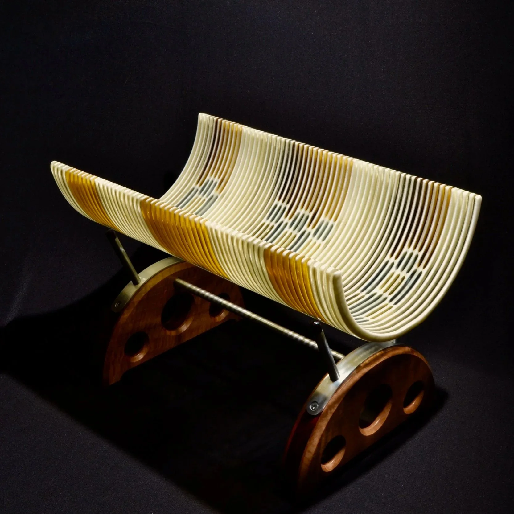 Winter Harvest - fused and draped glass sculpture on a wood and metal stand.