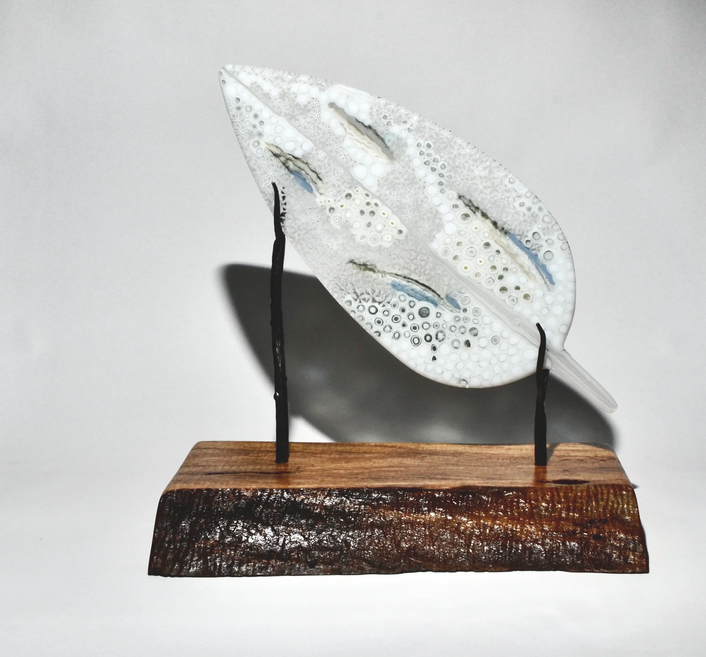 Decorative art piece featuring a glass leaf mounted on black metal supports on a wooden base.