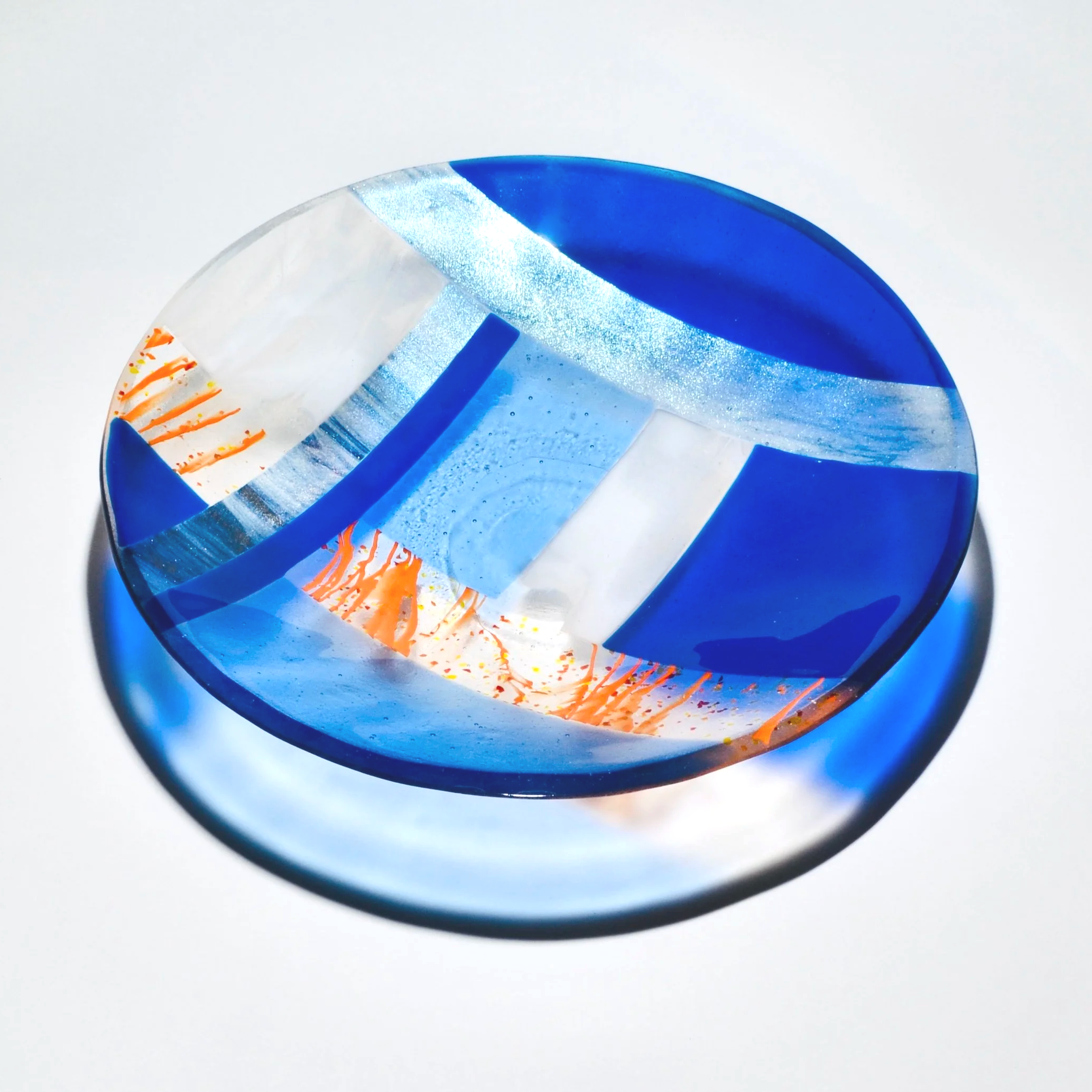 Blue Horizon - blue, orange and clear fused glass bowl with iridized glass accents.